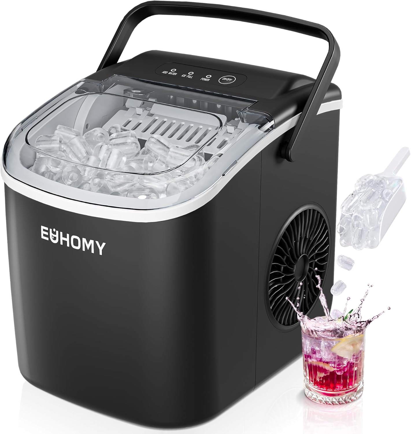 Showcases the compact and portable design of the ice maker, highlighting its convenience for home or travel use. Demonstrates the ice-making capability and included accessories, showing potential…