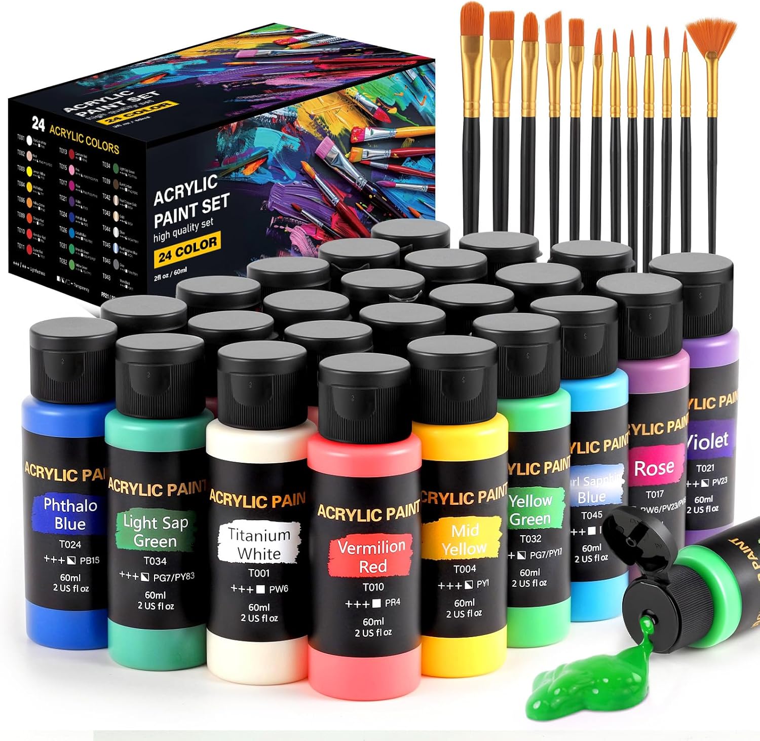 Showcases the full range of paint colors and brushes included in the set, demonstrating the product's versatility and value. Displays the product packaging to establish brand identity and convey…