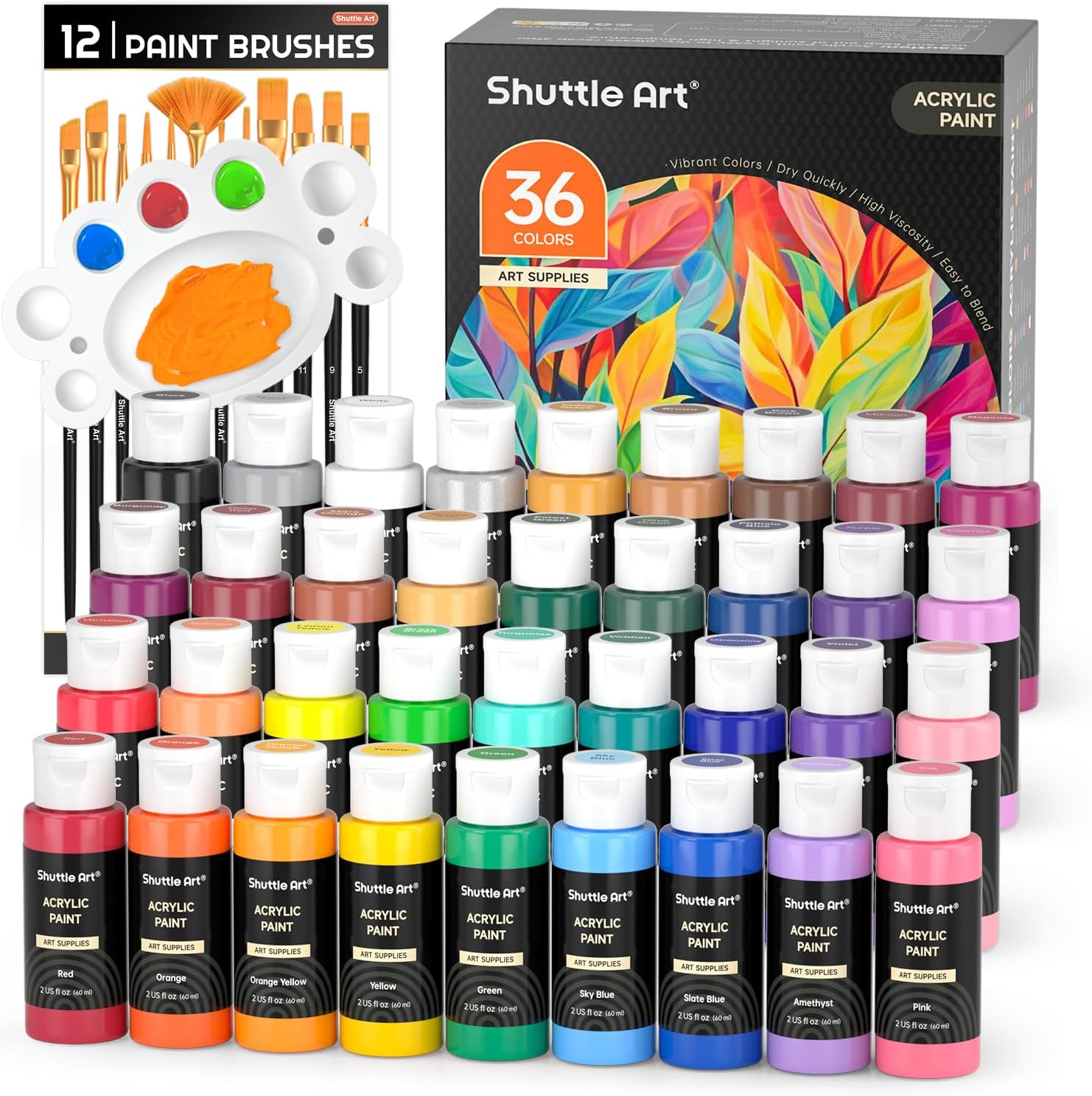 Showcases the full range of products included in the art set, emphasizing the wide color selection and variety of brushes available.