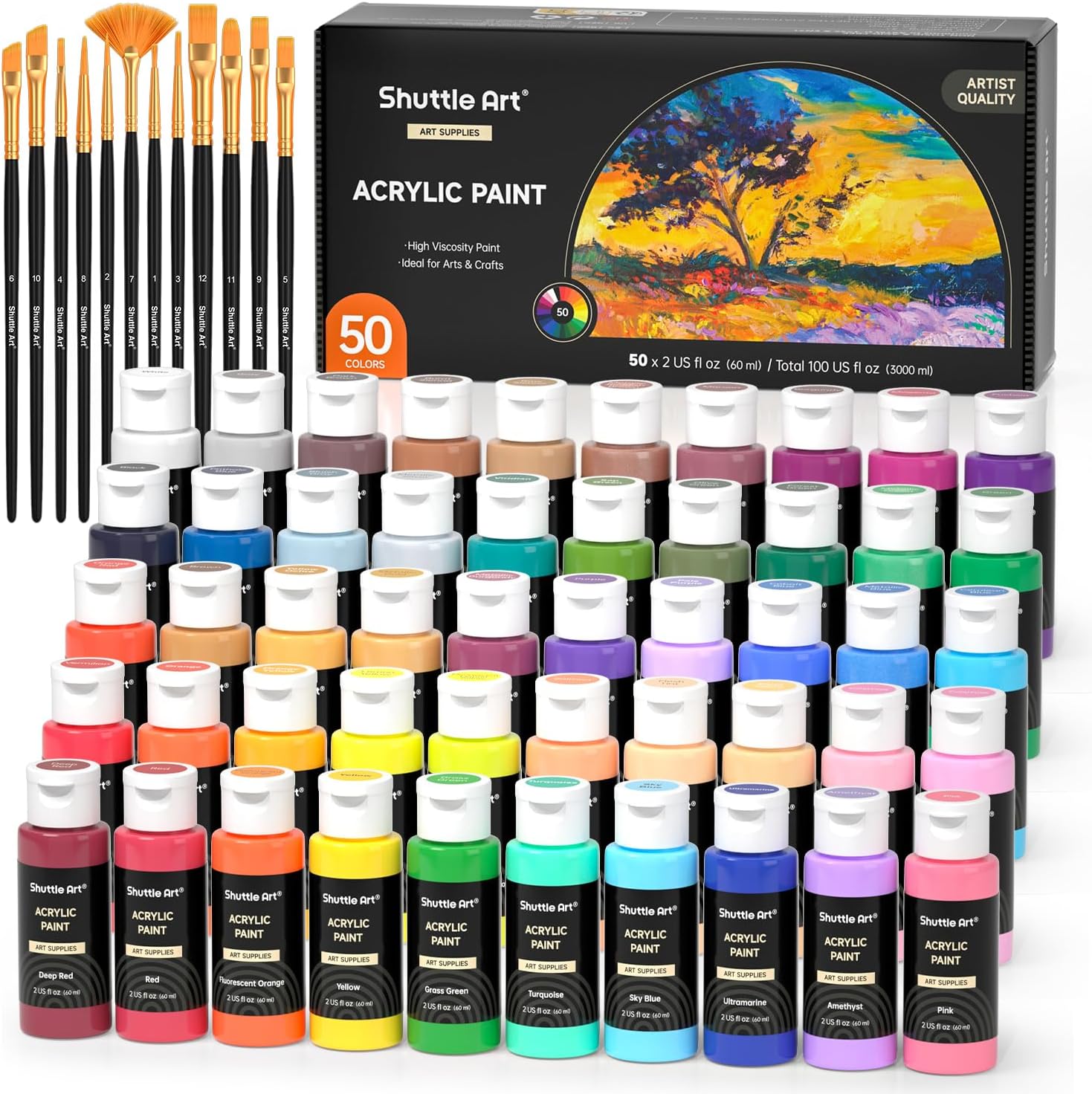 Showcases the full range of acrylic paint colors and included brushes to demonstrate the comprehensive nature of the art supply set. Displays the product packaging to highlight the brand and convey…