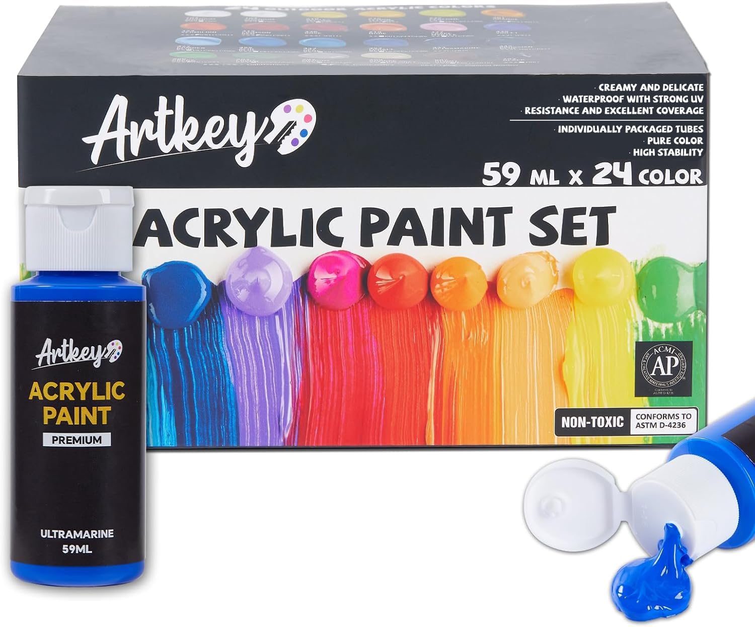 Showcases the complete acrylic paint set with its packaging, highlighting the wide range of colors available. Displays the various color options and demonstrates the creamy texture of the paint…