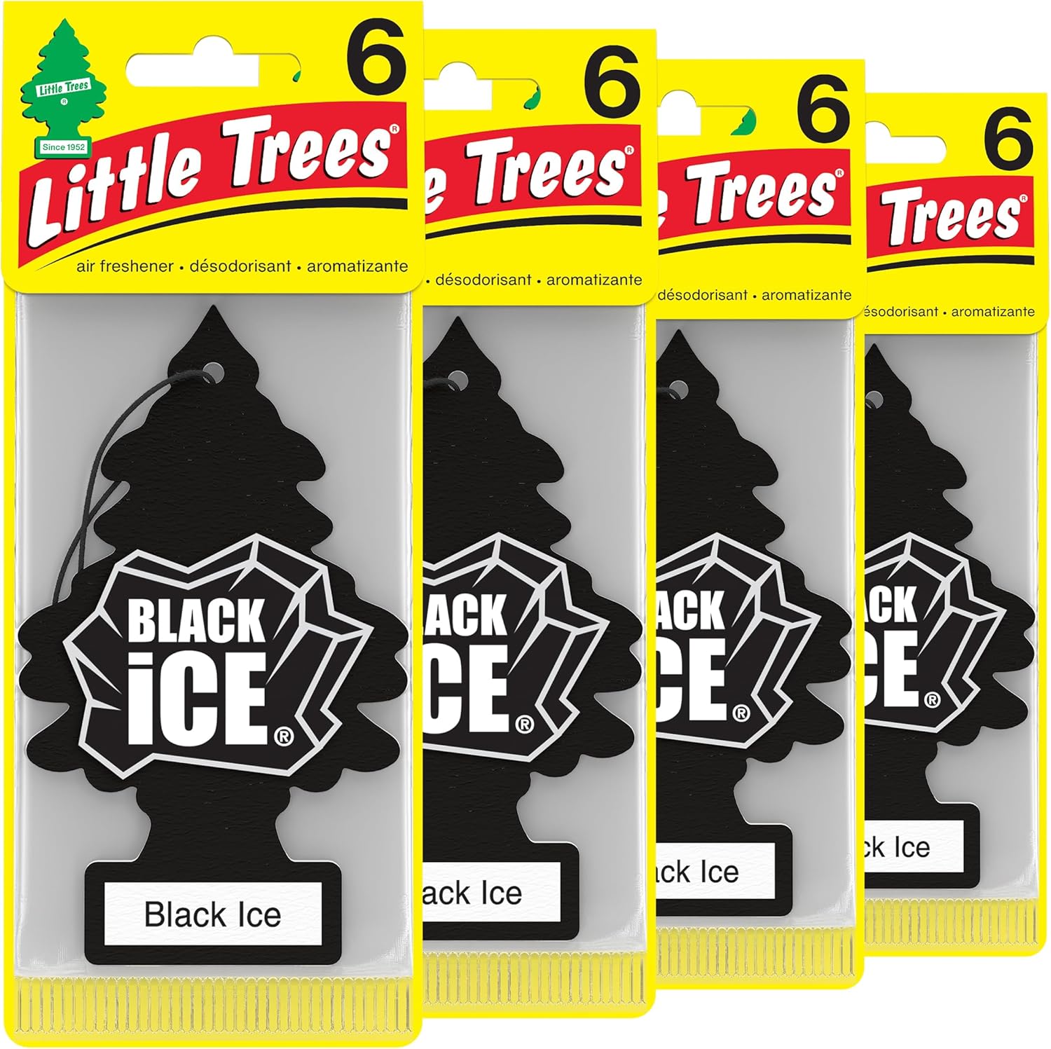 Shows multiple packages of the same Black Ice air freshener product, emphasizing the availability of bulk purchase options. Displays the retail packaging of the Little Trees air fresheners, helping…