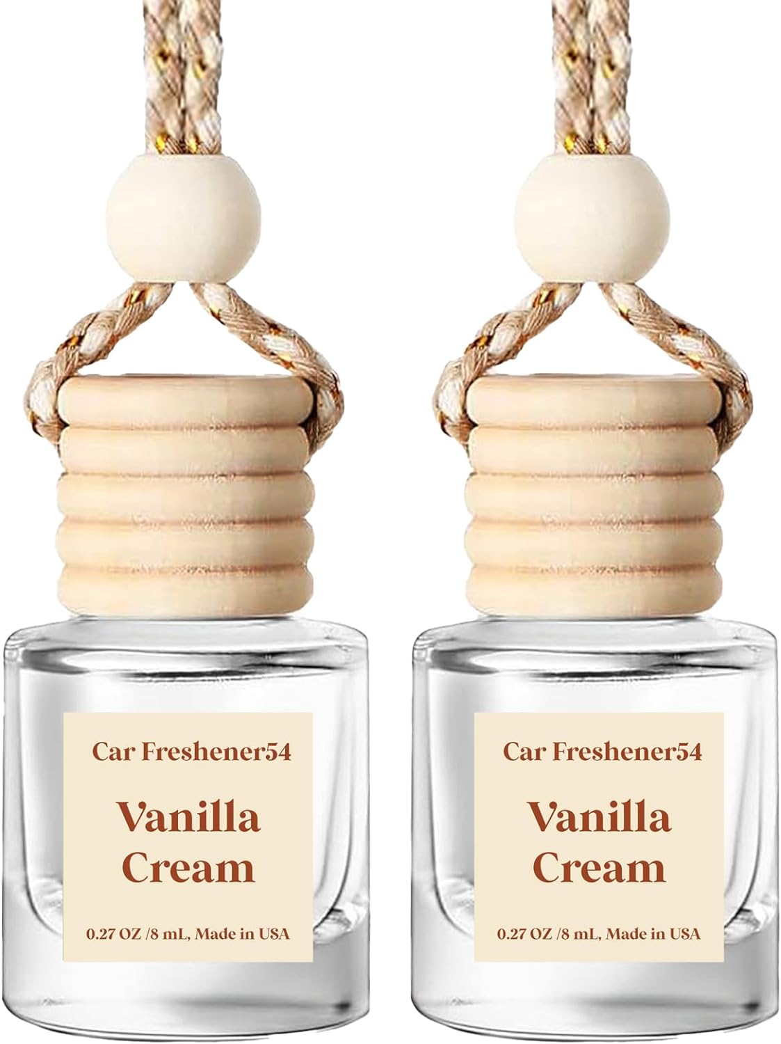 Showcases the product design and packaging of car freshener bottles, highlighting their compact size and vanilla cream scent.