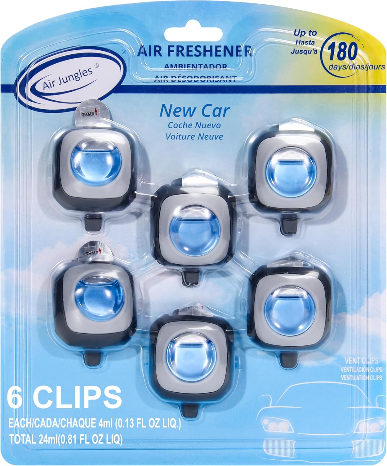 Showcases the product packaging and individual air freshener clips to clearly display what the customer will receive. Presents the product in its retail packaging to demonstrate brand identity and…