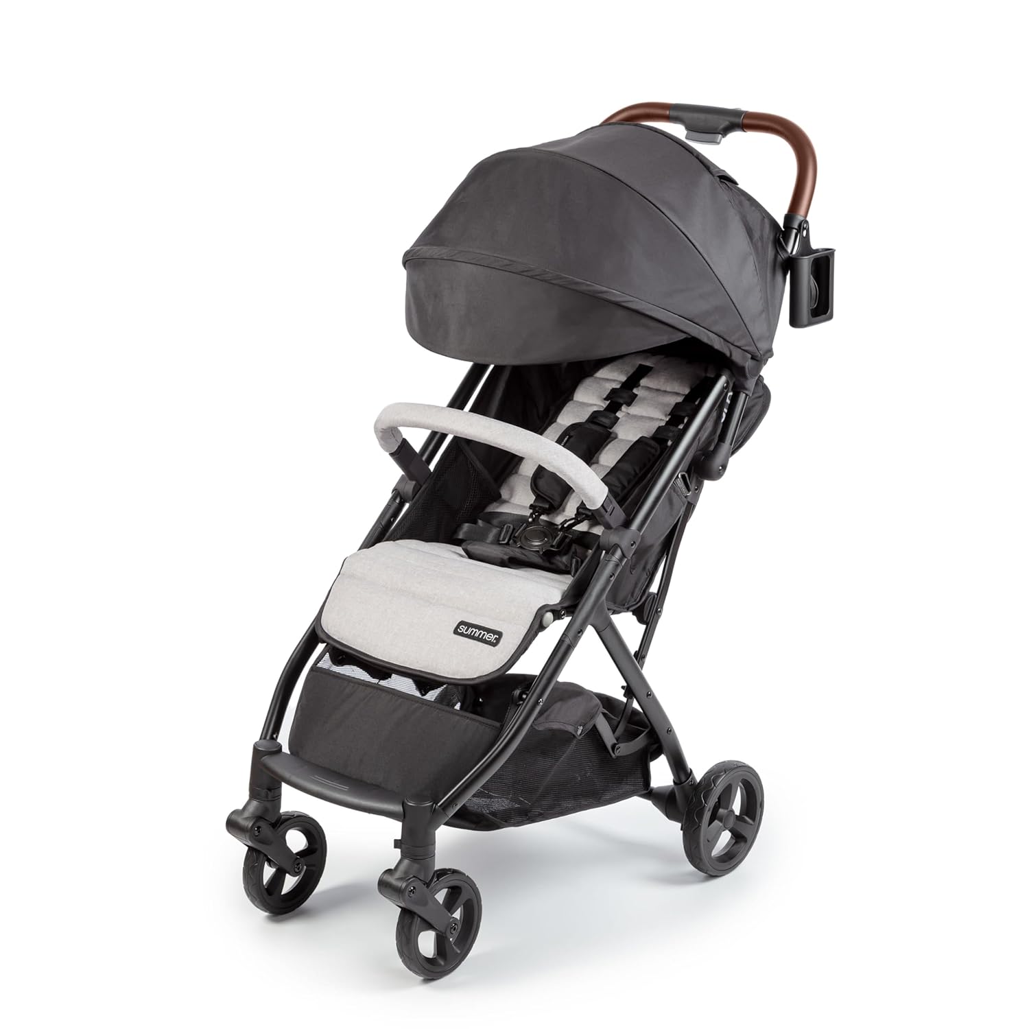 Showcases the stroller's sleek and compact design, emphasizing its portability and ease of use for parents.