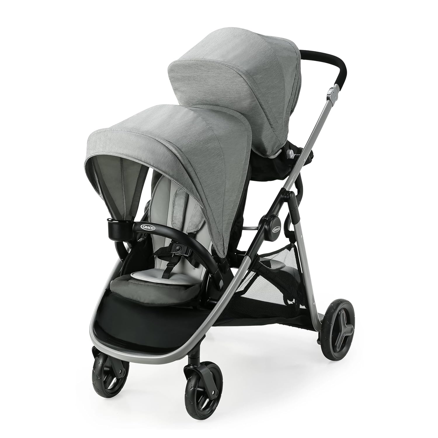 Showcases the full double stroller product against a white background, allowing shoppers to see its design and features clearly.