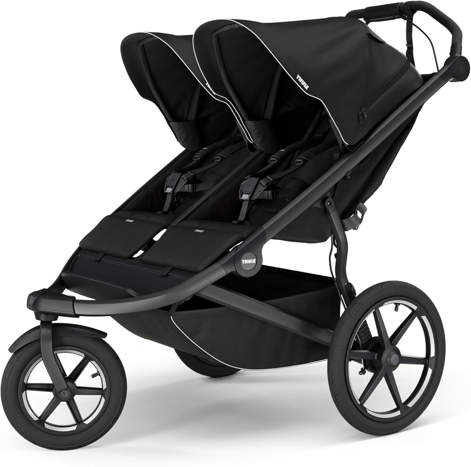 Showcases the full double stroller product against a white background, allowing shoppers to clearly see its design and features.