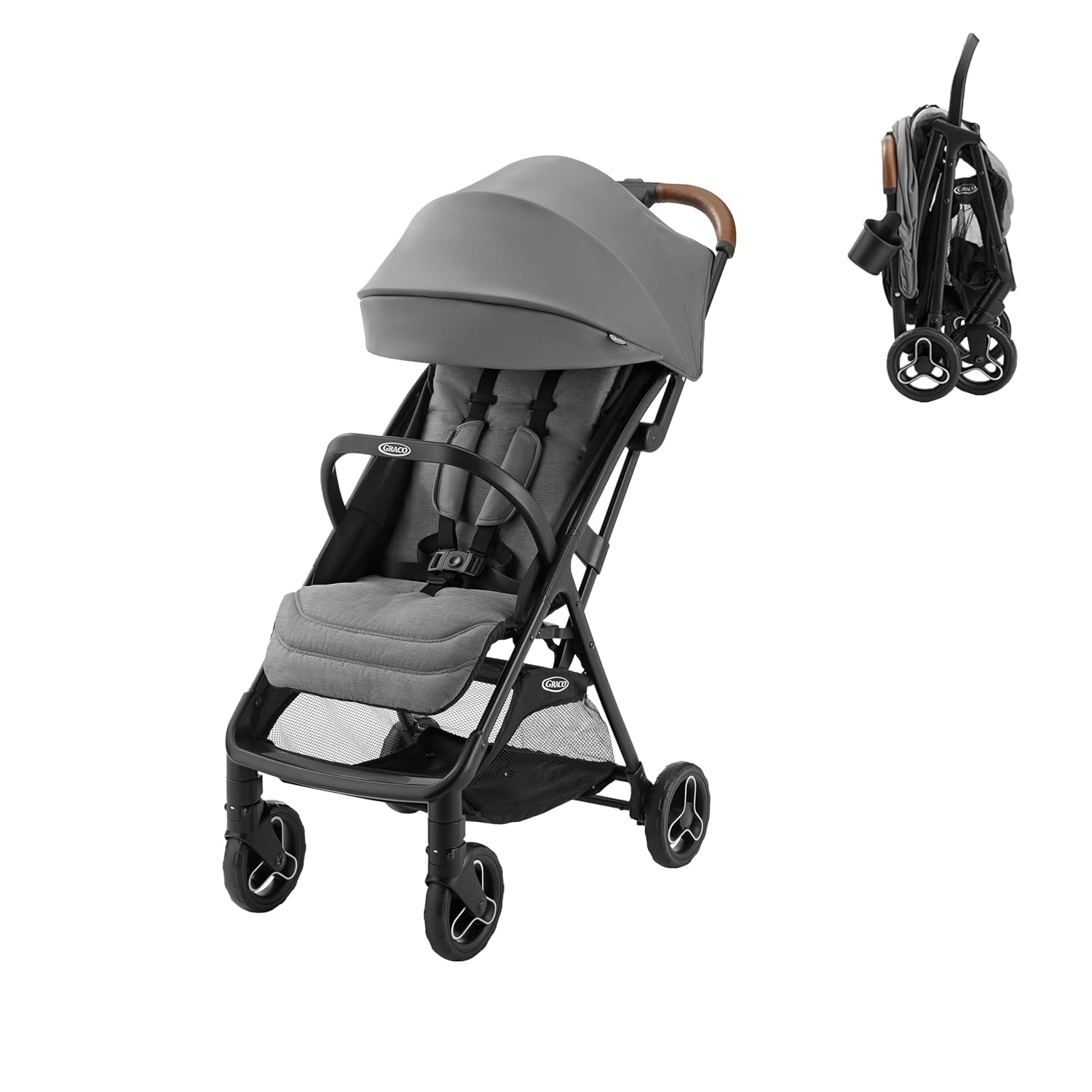 Showcases the full stroller design and its compact folding capability for easy storage and transport.