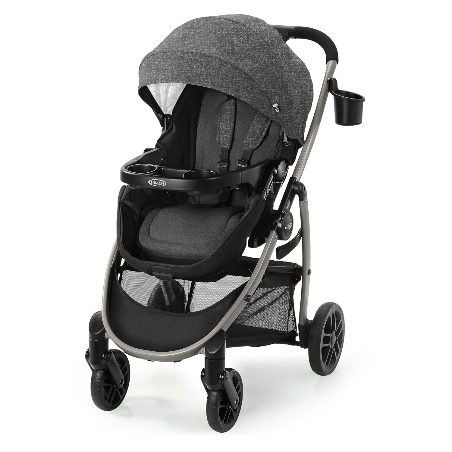 Showcases the complete stroller design, highlighting its modern appearance and key features like the canopy and storage basket.