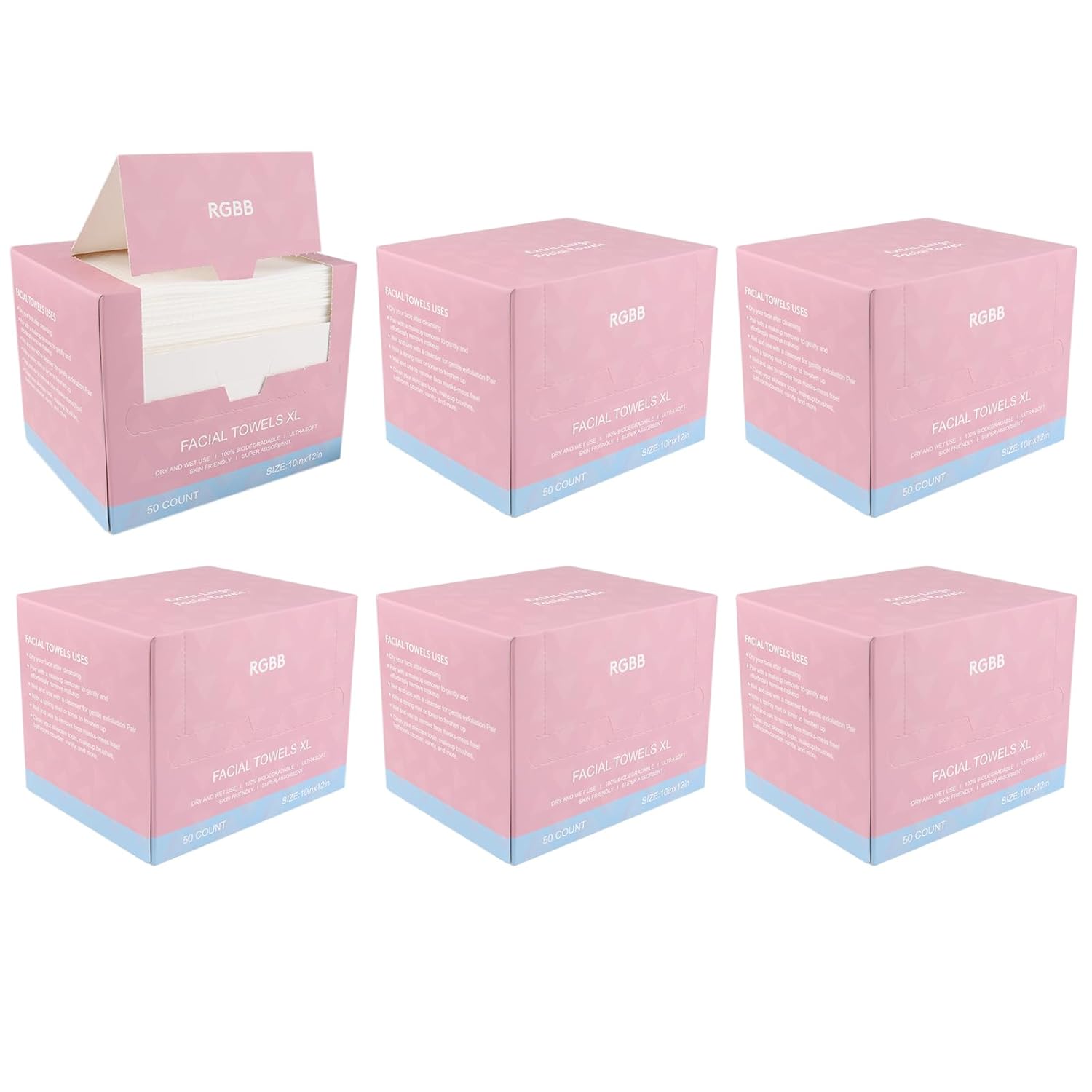 Showcases the product packaging and quantity available, emphasizing the bulk purchase option for facial towels. Displays the retail packaging design and branding, helping customers identify the…