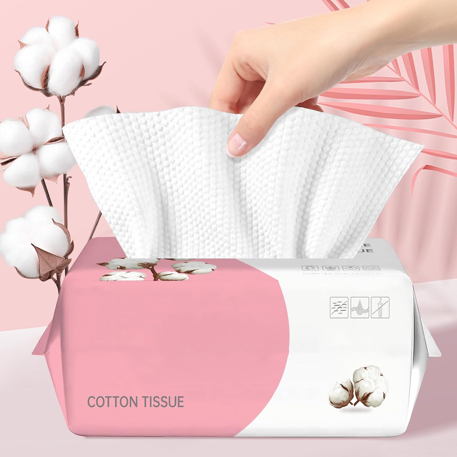 Showcases the product's appearance and demonstrates how to use it by pulling out a tissue. Emphasizes the natural cotton material of the tissues through visual elements like cotton plants.