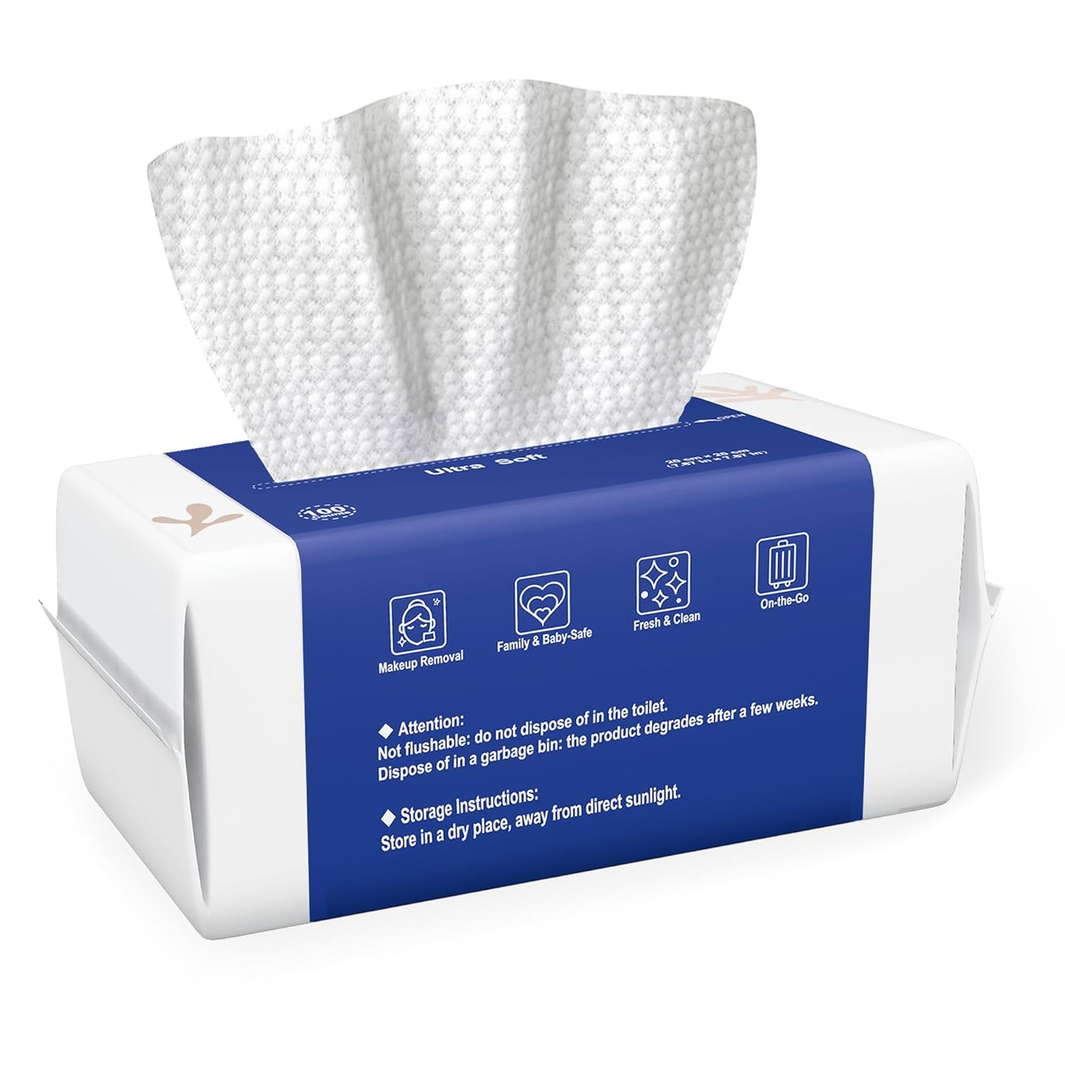 Showcases the product's packaging and highlights its multiple uses for makeup removal, family use, and cleanliness.