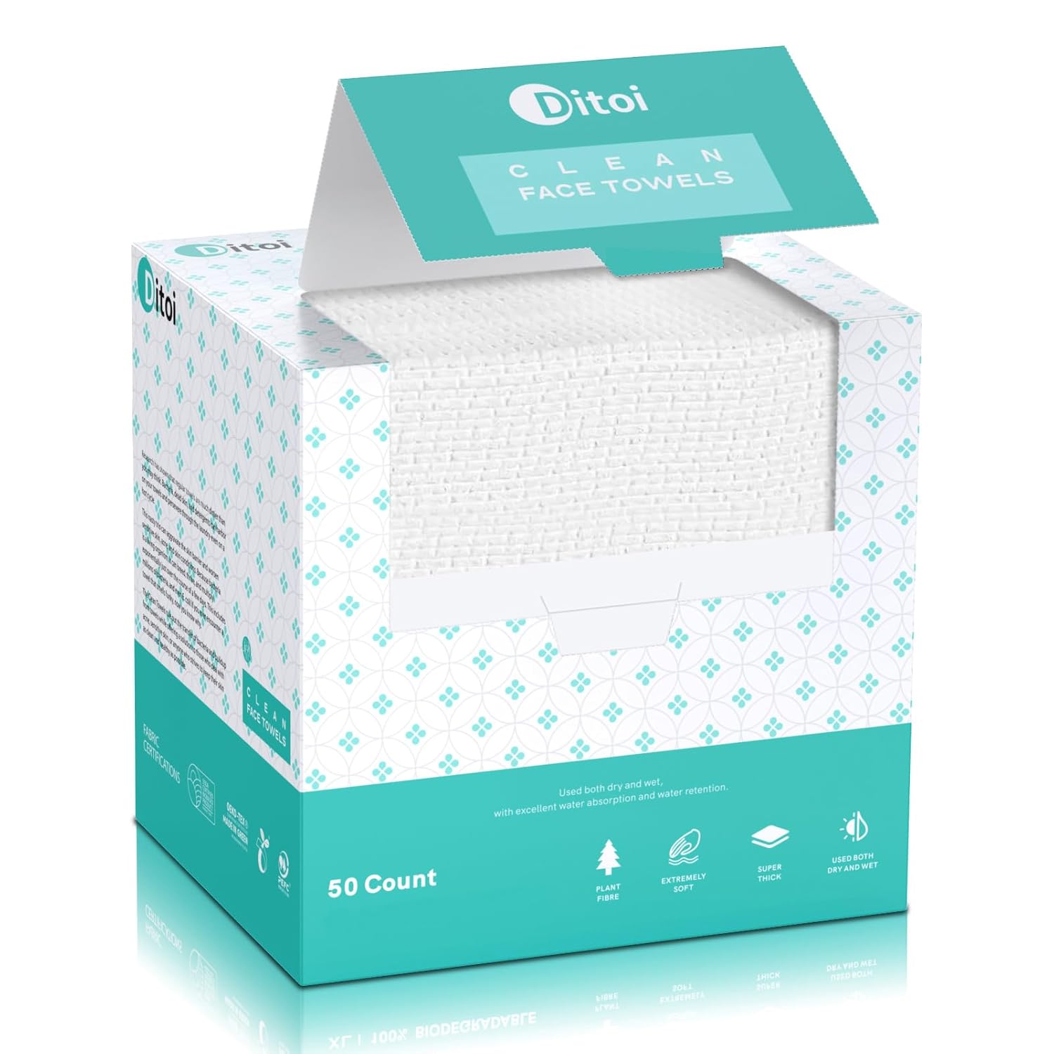 Shows the product packaging and the actual face towels inside, highlighting the brand and product features.