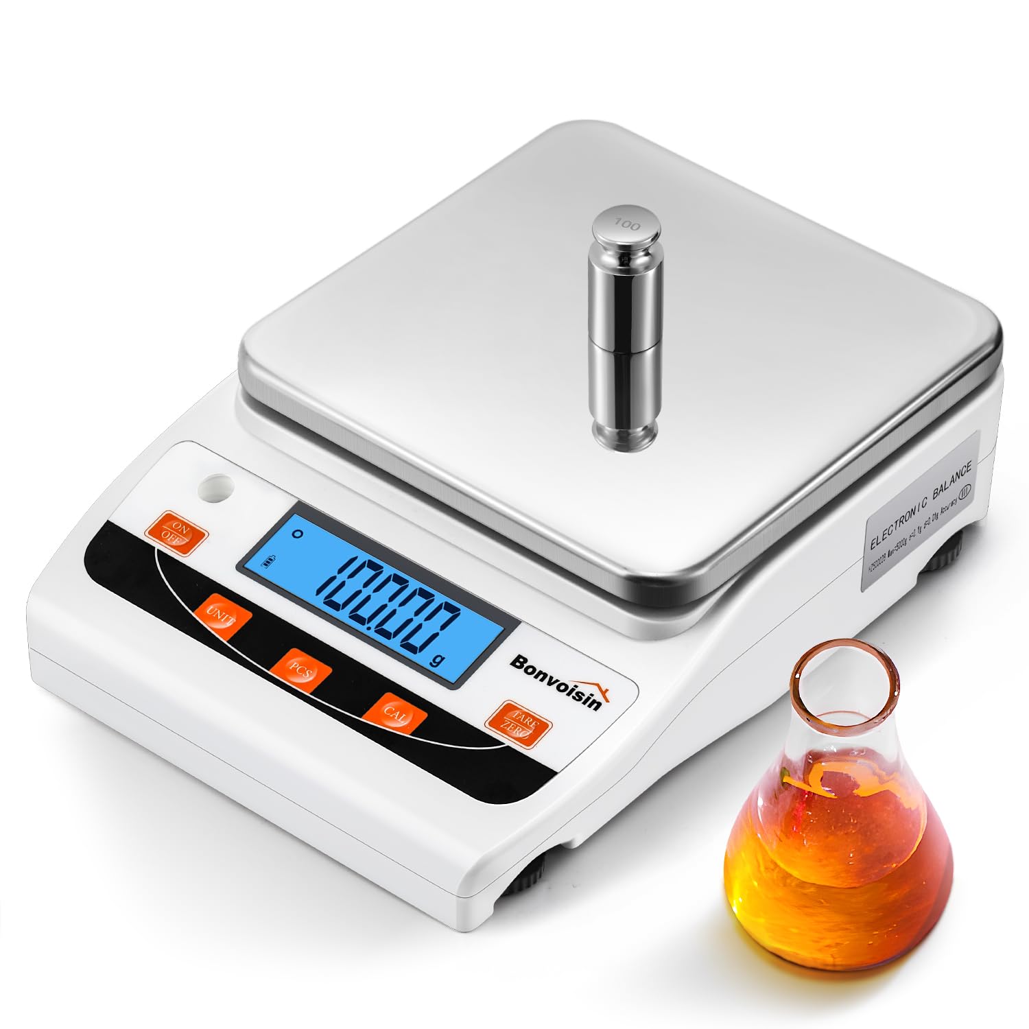 Showcases the digital precision scale with its clear LCD display and calibration weight, emphasizing accuracy and professional-grade measurement capabilities.