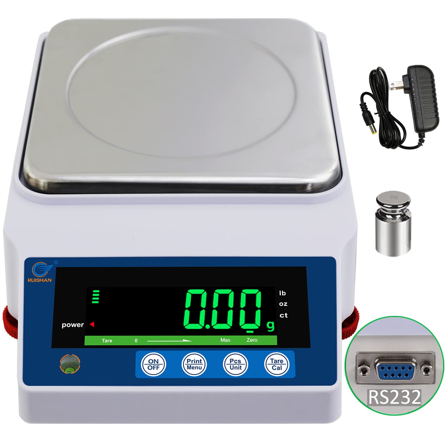Showcases the main product, a digital precision scale, highlighting its clear display and compact design. Displays included accessories to demonstrate the complete package and readiness for…