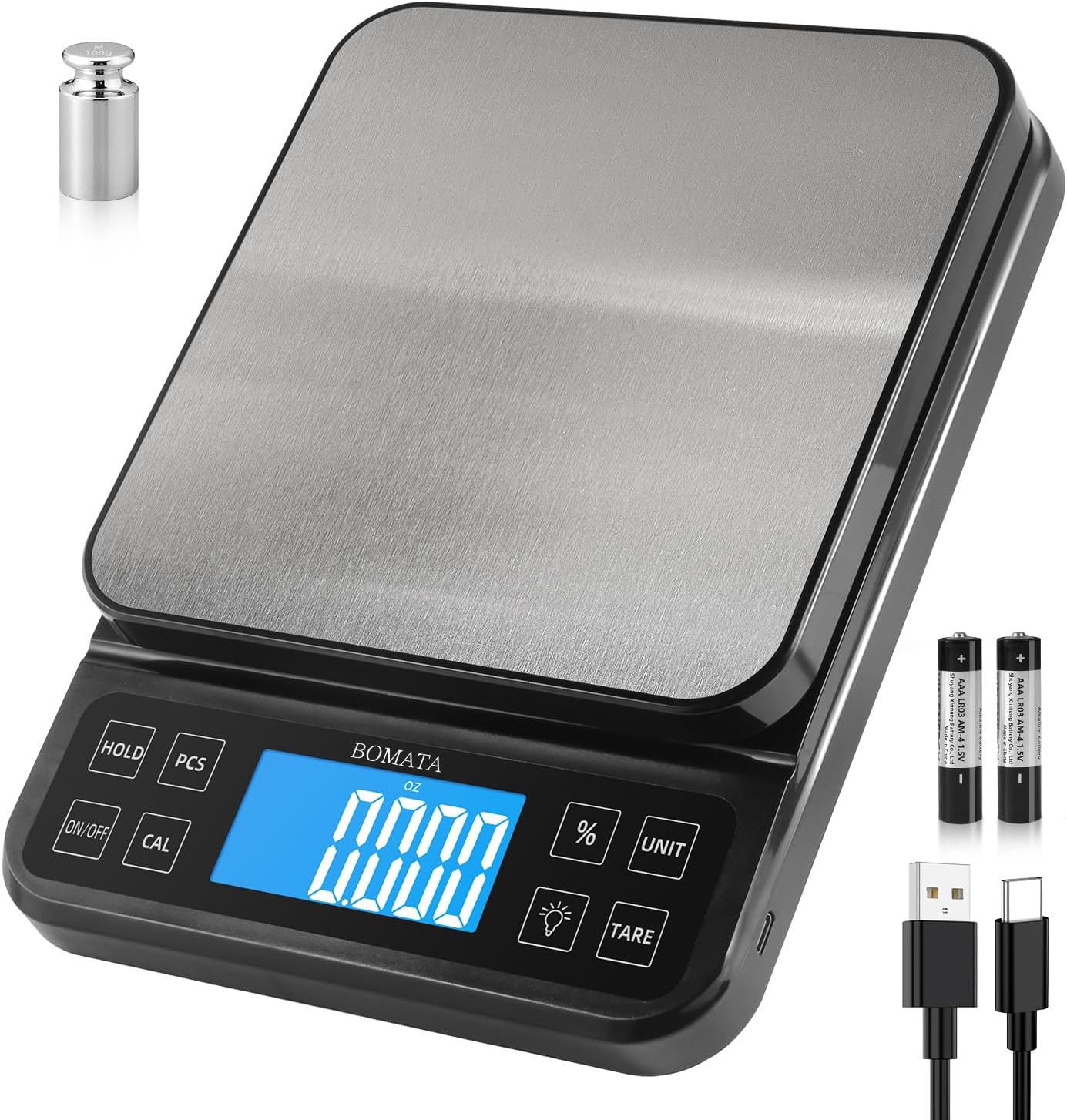 Showcases the sleek, modern design of the digital scale and its precise measurement capabilities. Displays the included accessories like batteries, USB cable, and calibration weight to highlight the…