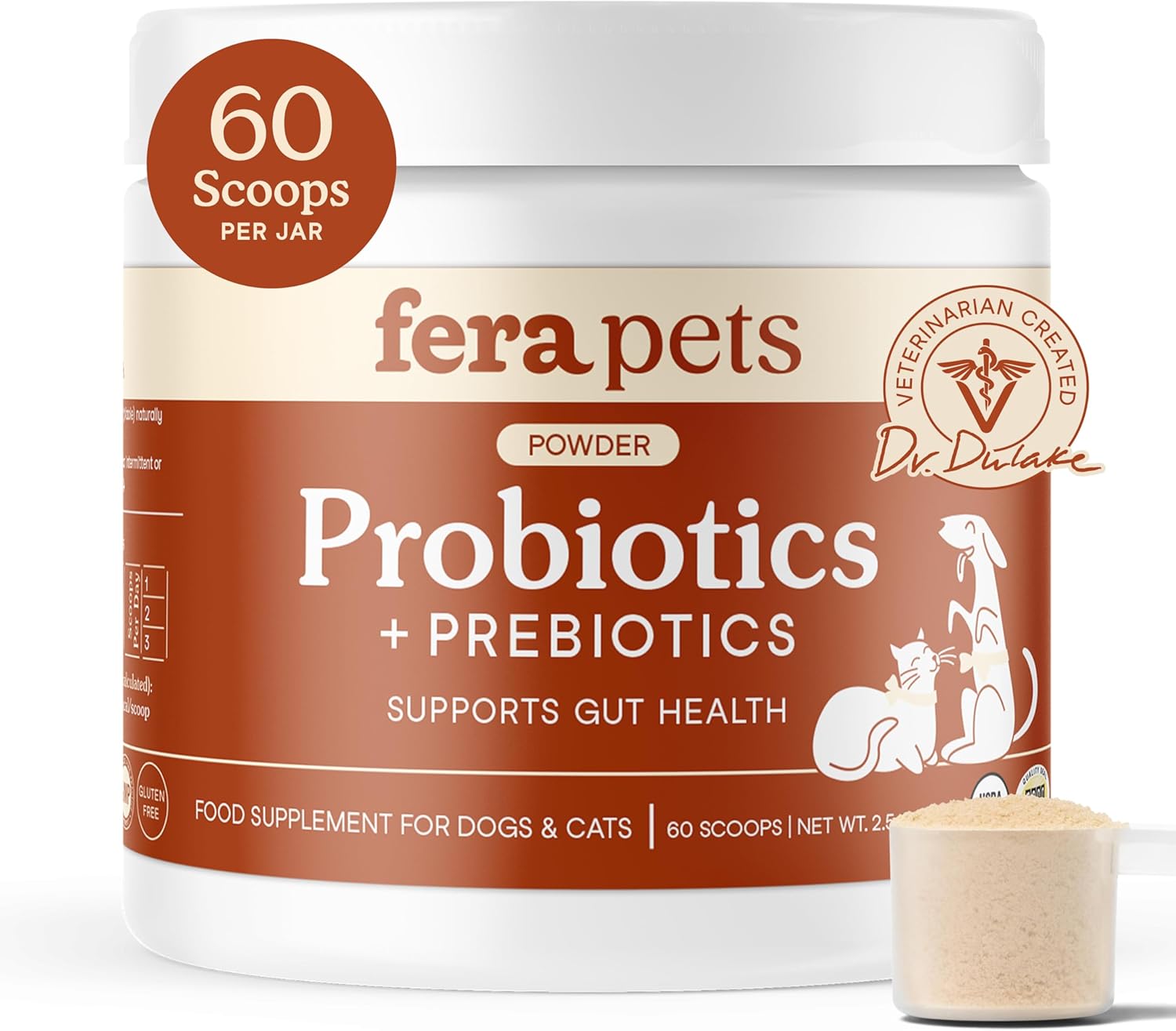 Showcases the product container and highlights key features like scoop count and gut health support. Displays the product packaging to familiarize customers with the brand and container appearance.