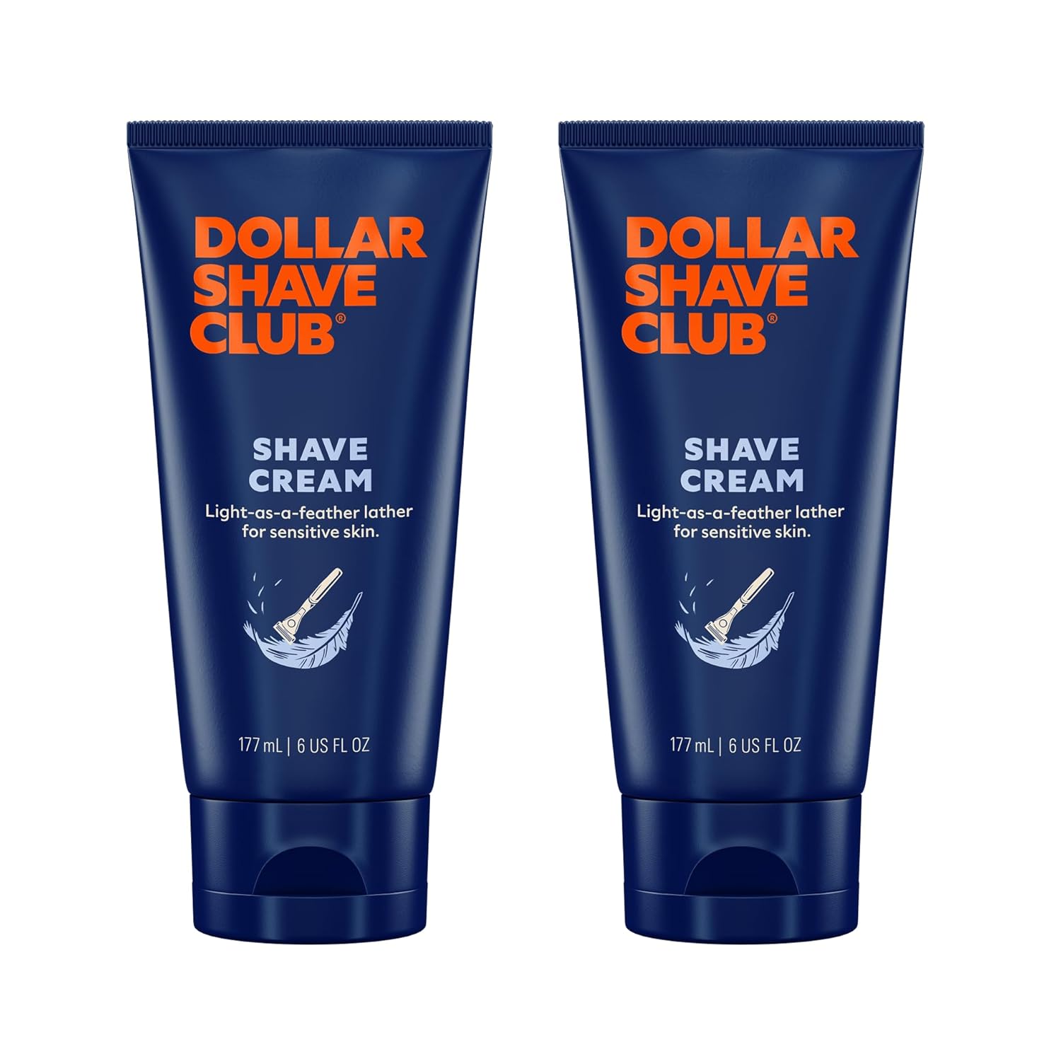Shows two identical tubes of shave cream to emphasize quantity or value in the purchase. Clearly displays the product packaging and highlights its key feature of being suitable for sensitive skin.
