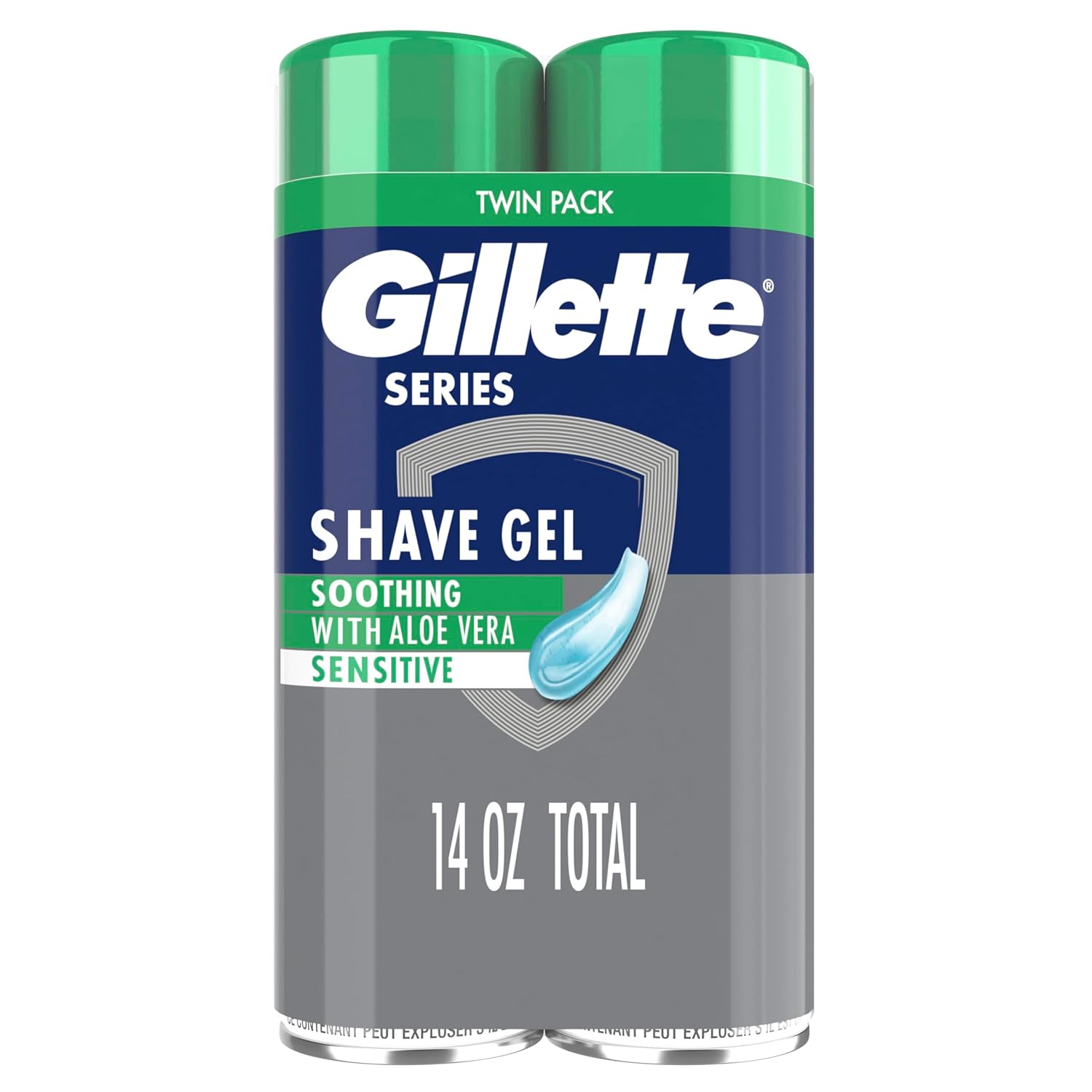 Showcases the product packaging and highlights the value of a twin pack, while emphasizing the sensitive skin formula with aloe vera for soothing effects.