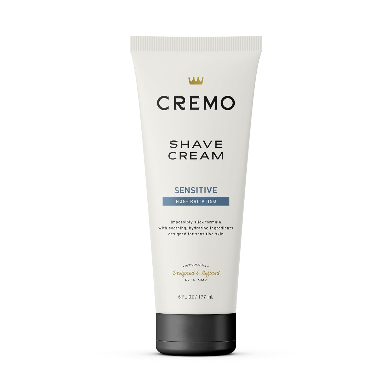 Showcases the product clearly against a white background, highlighting its sensitive skin formula and premium branding.