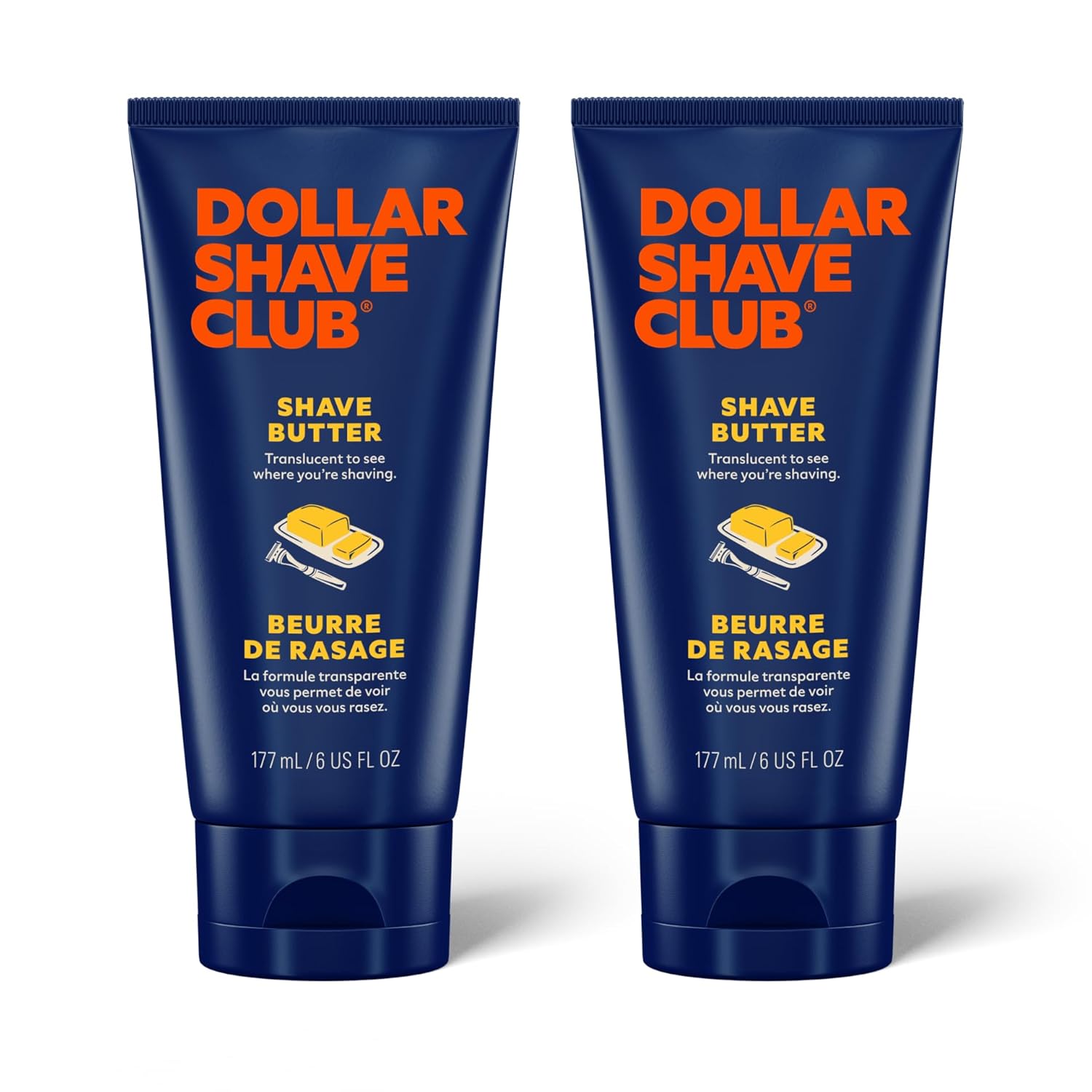 Shows two identical units of the shave butter product to emphasize quantity or value. Displays the product in its retail packaging to showcase branding and product information.