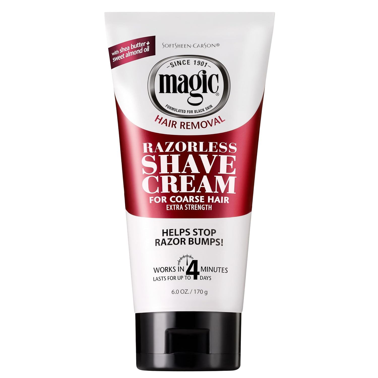 Showcases the product packaging and key features to inform customers about its hair removal benefits and ingredients. Displays the full product packaging to help customers easily identify the item…