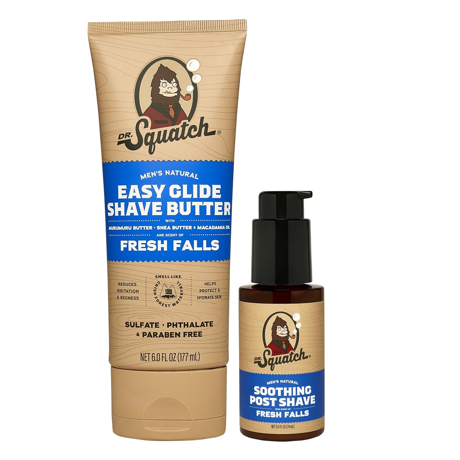 Showcases the complete shaving set with shave butter and post-shave product, emphasizing natural ingredients and skin benefits.