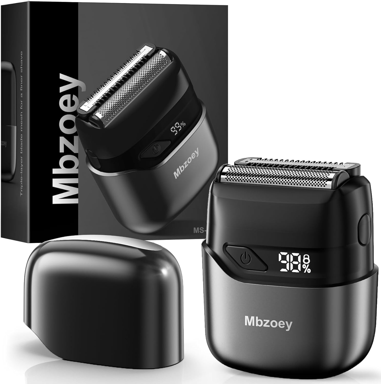 Showcases the sleek design and digital battery display of the electric shaver, highlighting its modern features. Displays the product alongside its retail packaging to convey brand identity and…