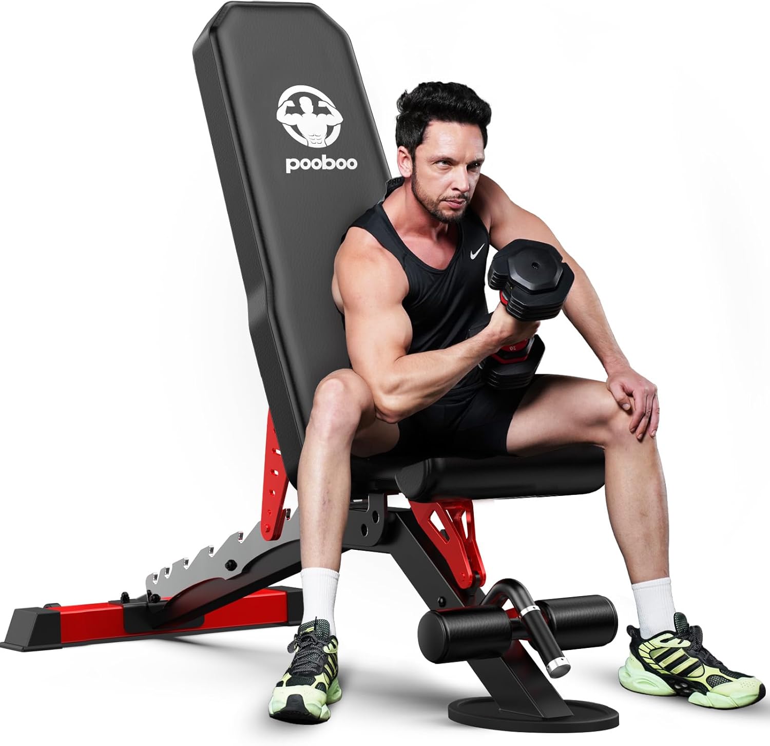 Shows a muscular model using the weight bench to demonstrate its functionality and appeal to fitness enthusiasts. Displays the weight bench product clearly to showcase its design and features.