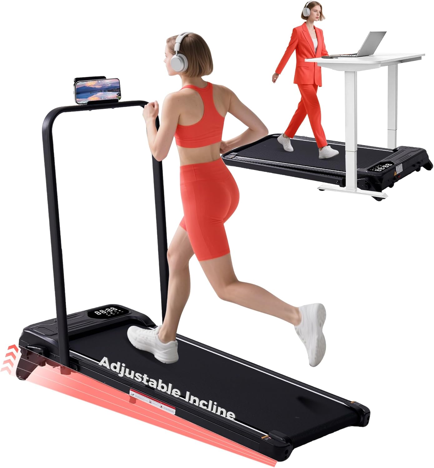 Showcases the treadmill's versatility for both exercise and work-from-home setups, appealing to modern, multitasking consumers.