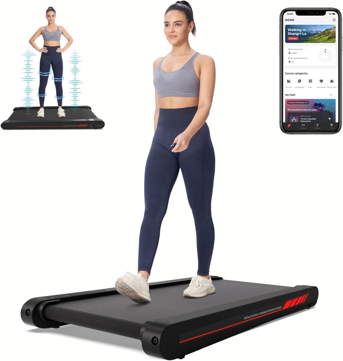 Showcases the complete product system including the treadmill and accompanying mobile app for a comprehensive home workout solution. Demonstrates the product in use with a model to provide scale and…