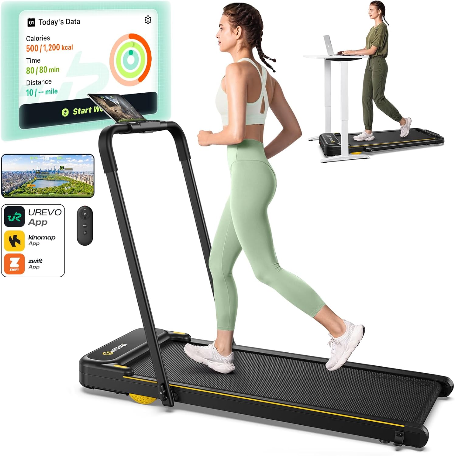 Showcases the slim design of the treadmill and its smart connectivity features for home workouts. Highlights the included accessories like phone holder and remote, as well as compatible fitness apps…