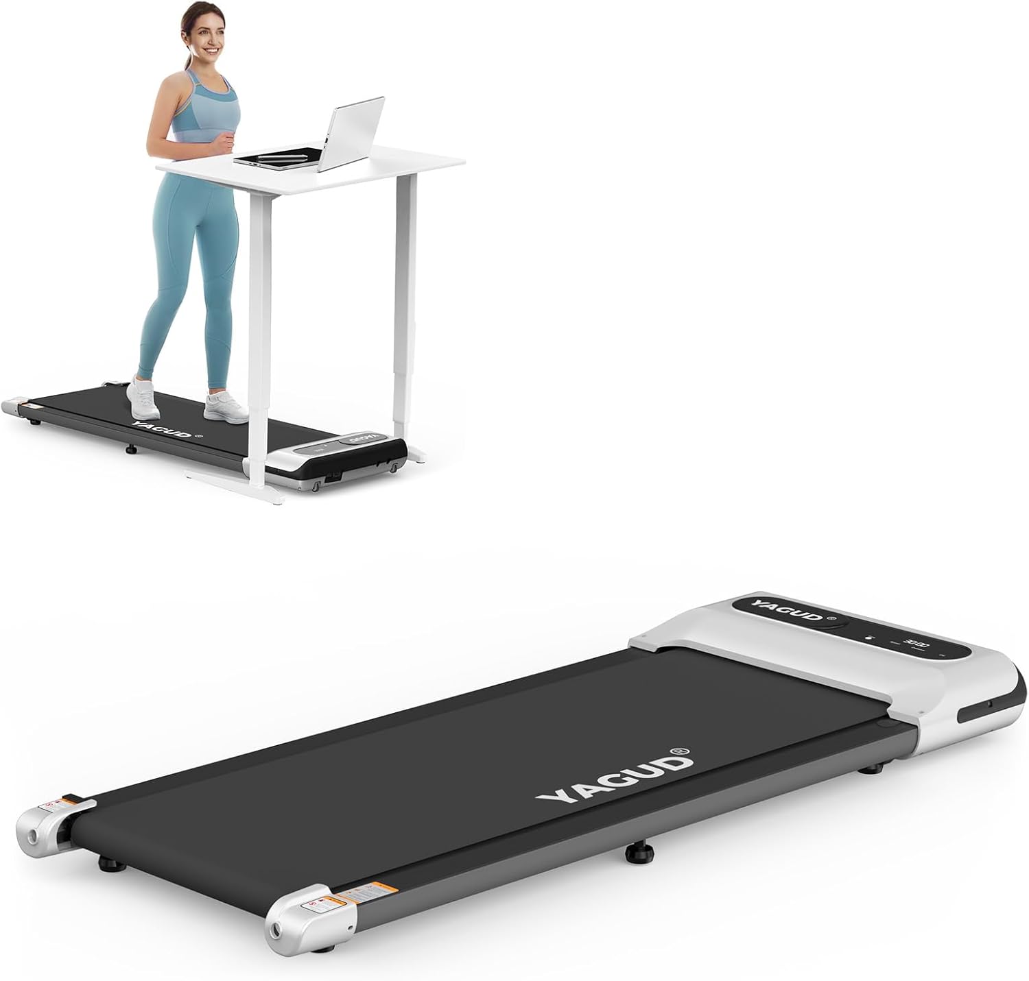 Demonstrates the product's use as a walking treadmill combined with a standing desk for fitness while working. Shows how the product integrates into a home office setting, promoting an active…