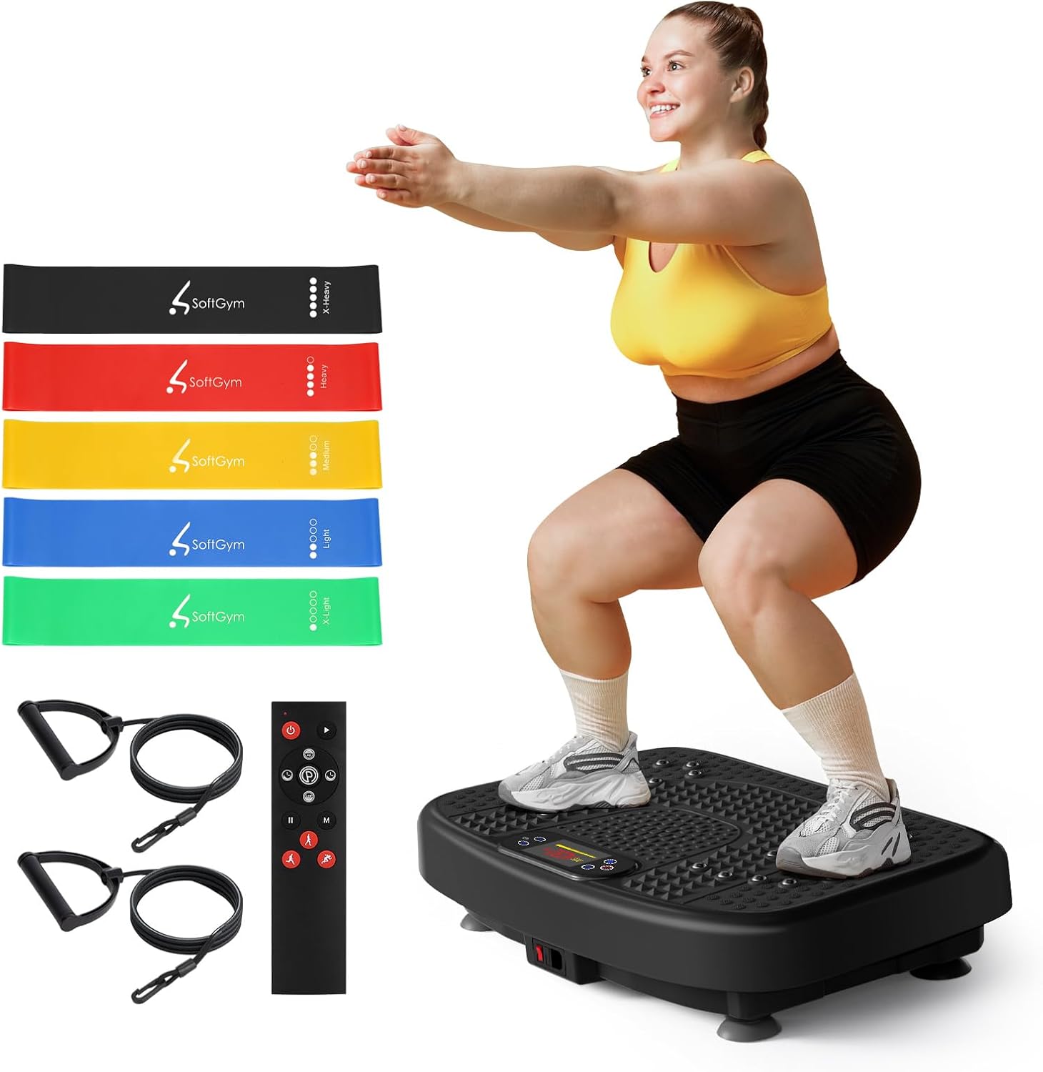 Shows a model using the vibration platform to demonstrate proper form and usage, while also displaying included accessories. Displays the vibration platform along with resistance bands and exercise…