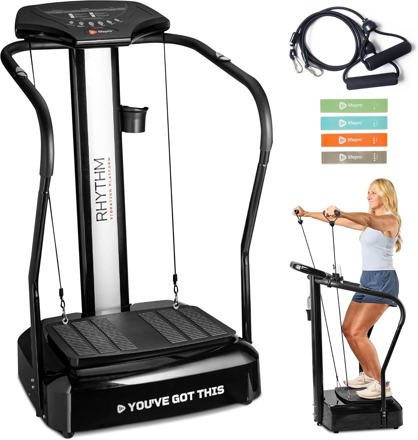 Showcases the main product (vibration platform) along with included accessories to demonstrate the complete exercise system. Highlights the additional accessories included with the main product to…