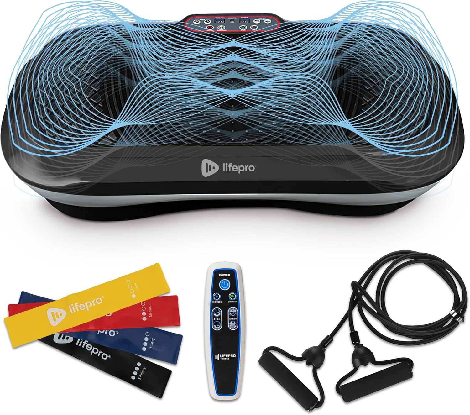 Showcases the main vibration platform product along with included accessories to demonstrate the complete package offered. Highlights the additional components that come with the vibration platform,…
