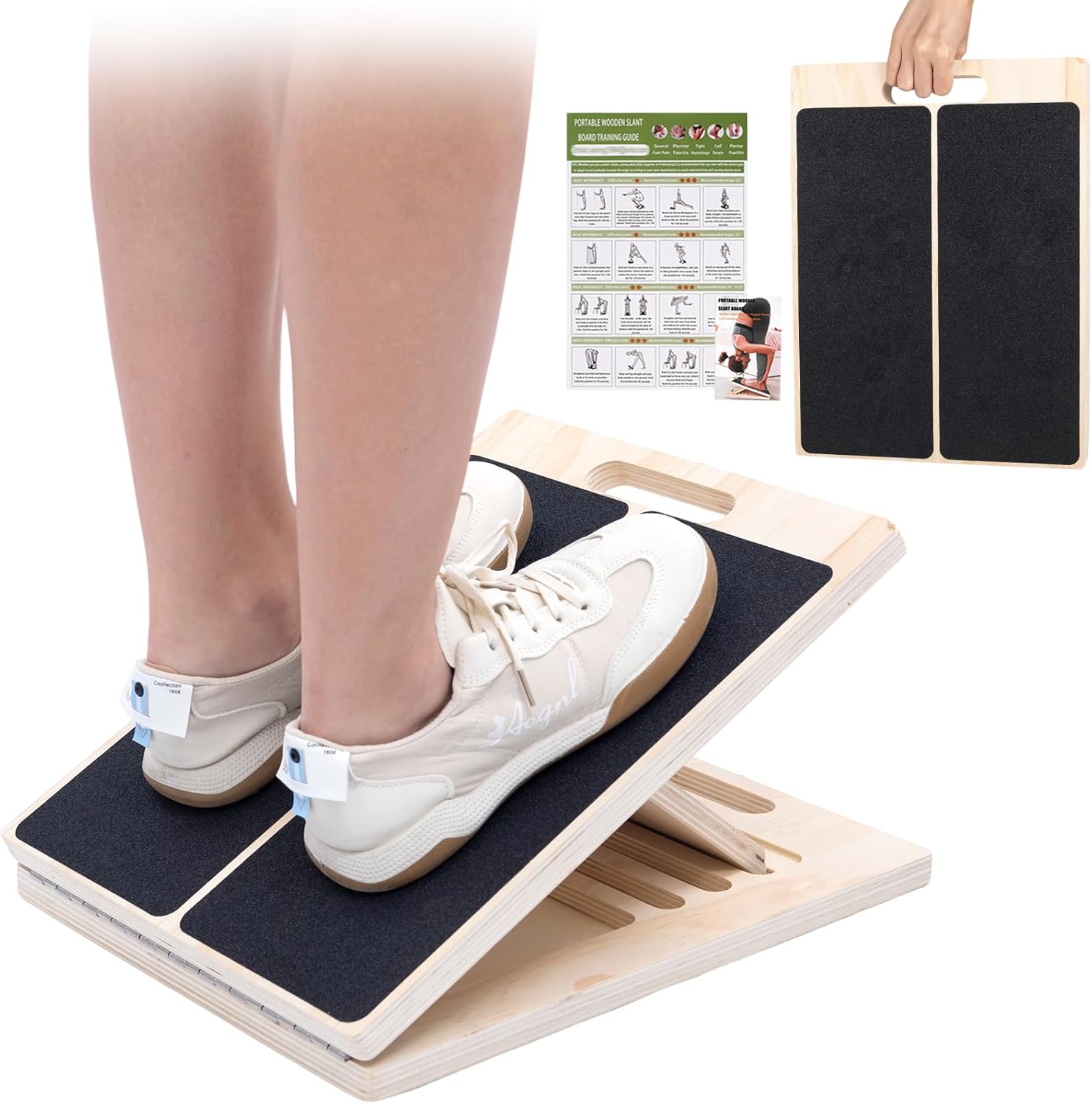 Showcases the main product (slant board) and included exercise guide to demonstrate its functionality and ease of use. Highlights the included components (removable pads and exercise guide) to show…