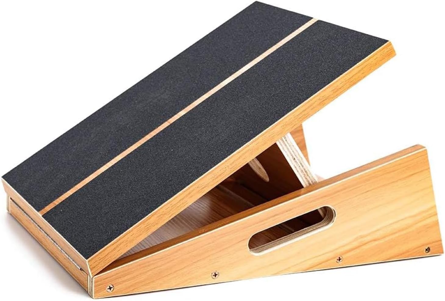 Showcases the product's design and functionality as an adjustable slant board for stretching or exercise.