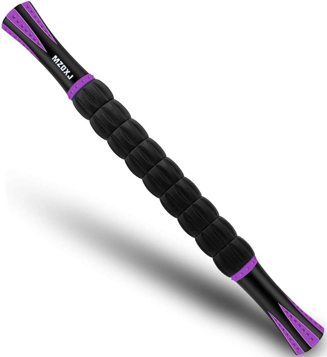 Showcases the product's design and color scheme, highlighting its ergonomic shape for effective muscle massage.