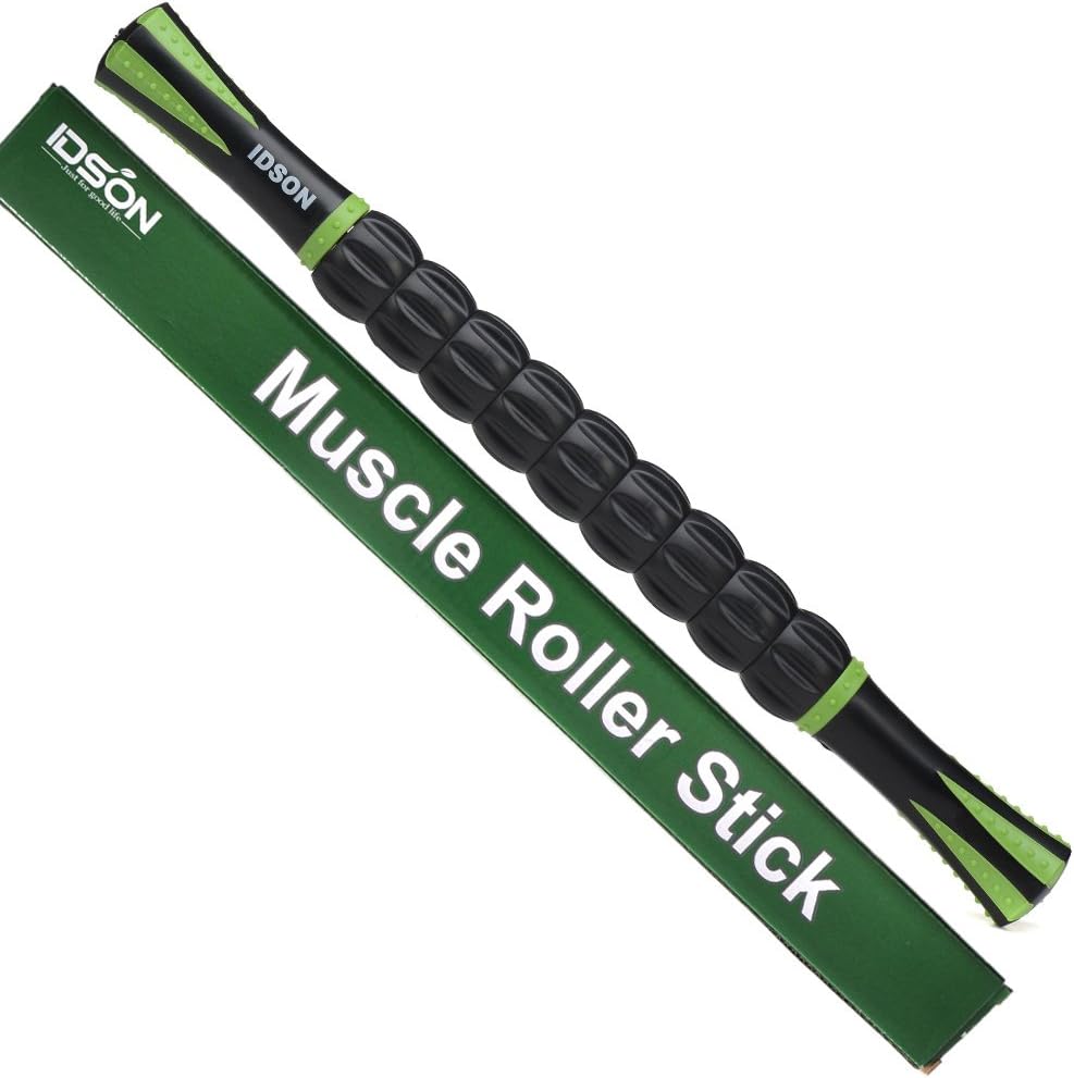 Showcases the product's design and functionality as a muscle roller stick for fitness and recovery. Displays the product alongside its branded packaging to communicate professionalism and retail…