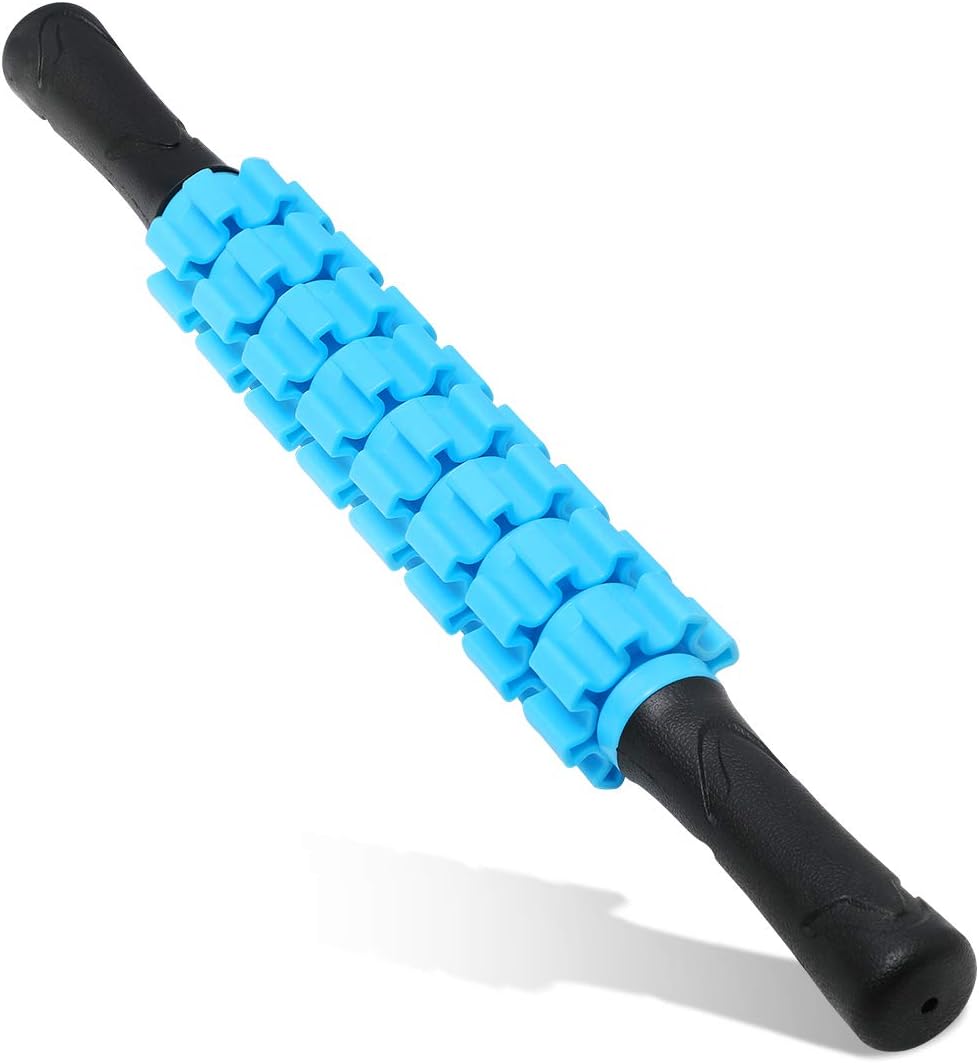 Showcases the product's design and color, highlighting its ergonomic shape for effective muscle massage.