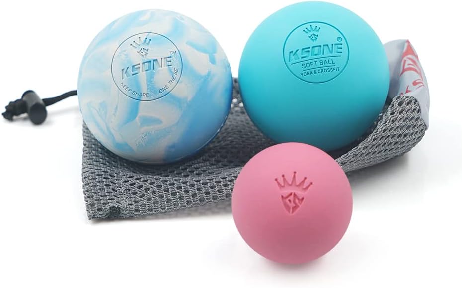 Showcases the variety of massage balls included in the set, highlighting different sizes and colors. Displays all components of the product, including different ball sizes and the mesh carrying bag.