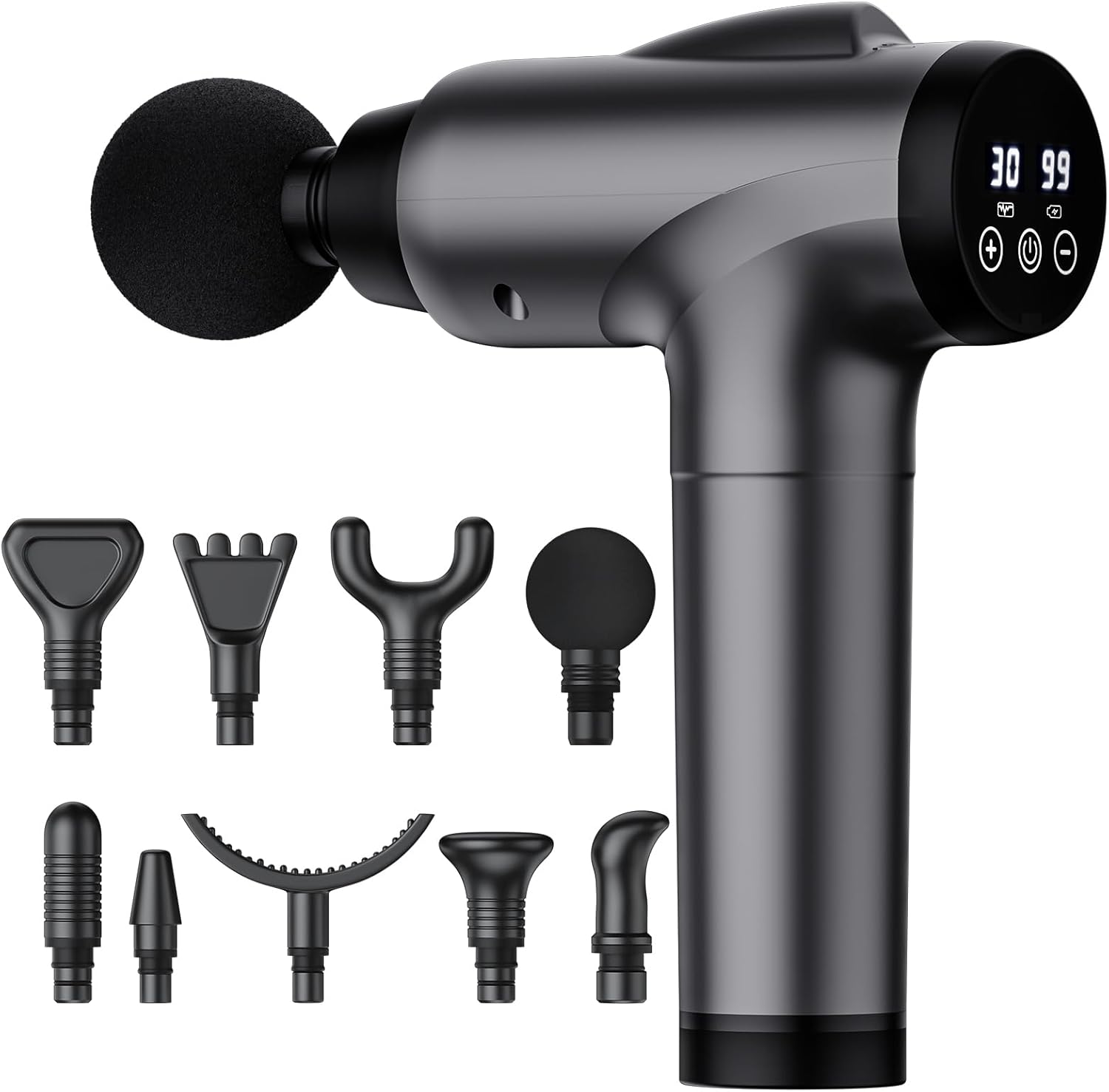 Showcases the main product and its included attachments to demonstrate versatility and value. Displays the various massage heads included, highlighting the product's adaptability for different body…