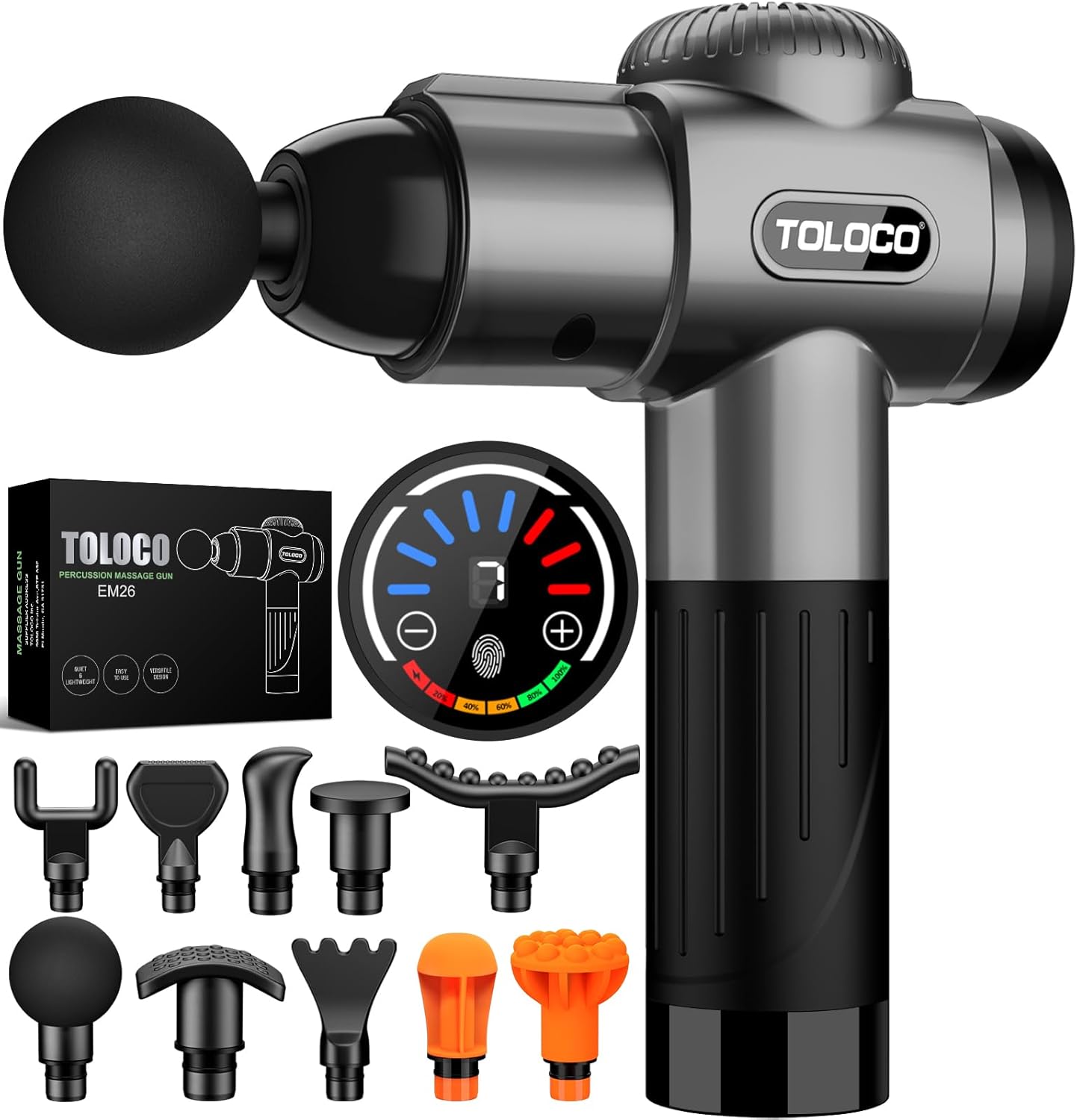 Showcases the main product (massage gun) along with its various attachments and features to demonstrate versatility and functionality. Displays all the included attachments and accessories to…