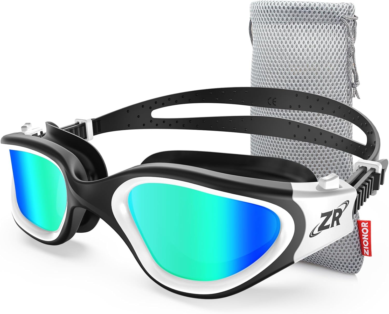 Showcases the main product (swimming goggles) along with its included carrying case, demonstrating what the customer will receive.