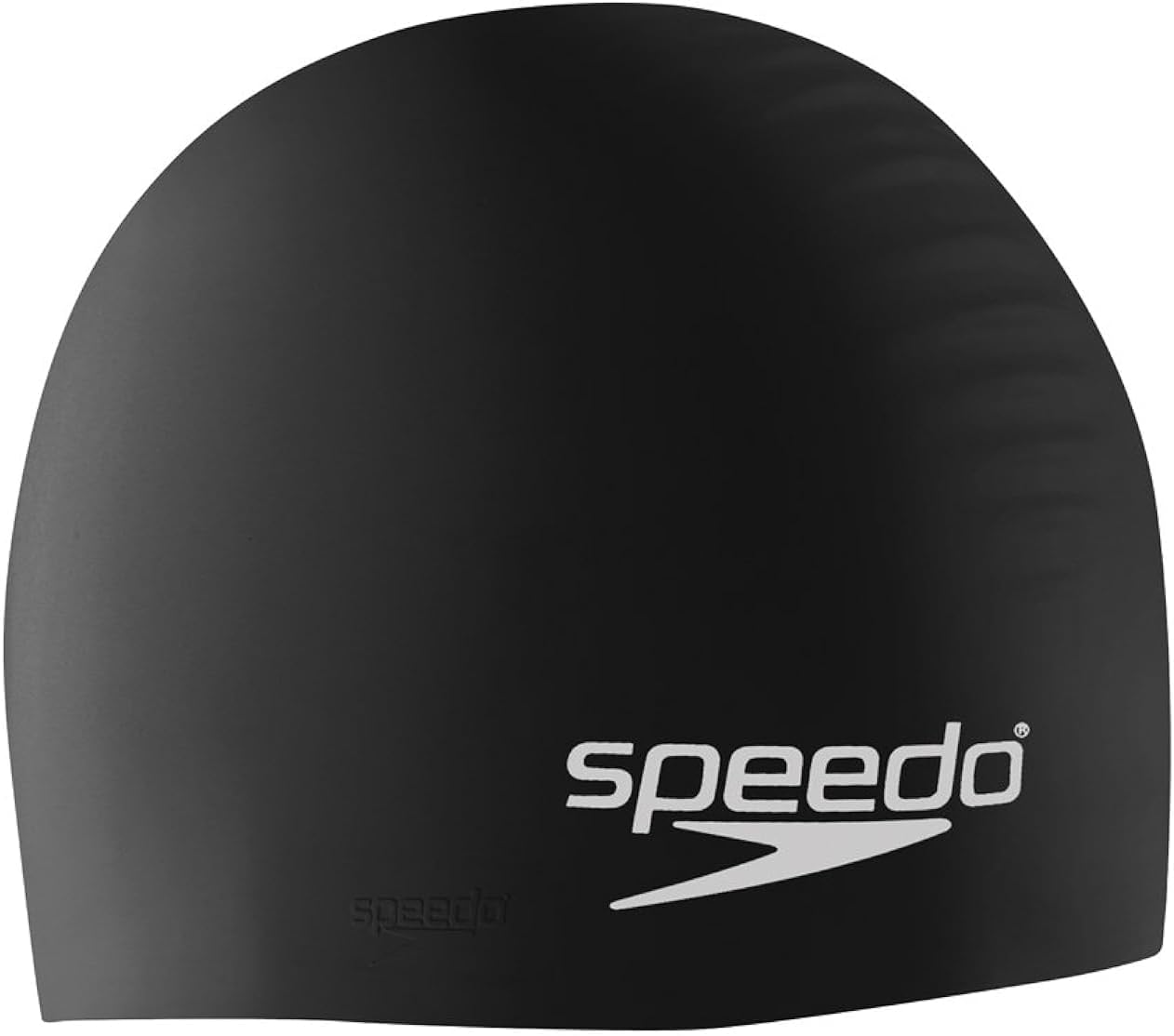 Showcases the simple, sleek design of the Speedo swimming cap against a plain background.