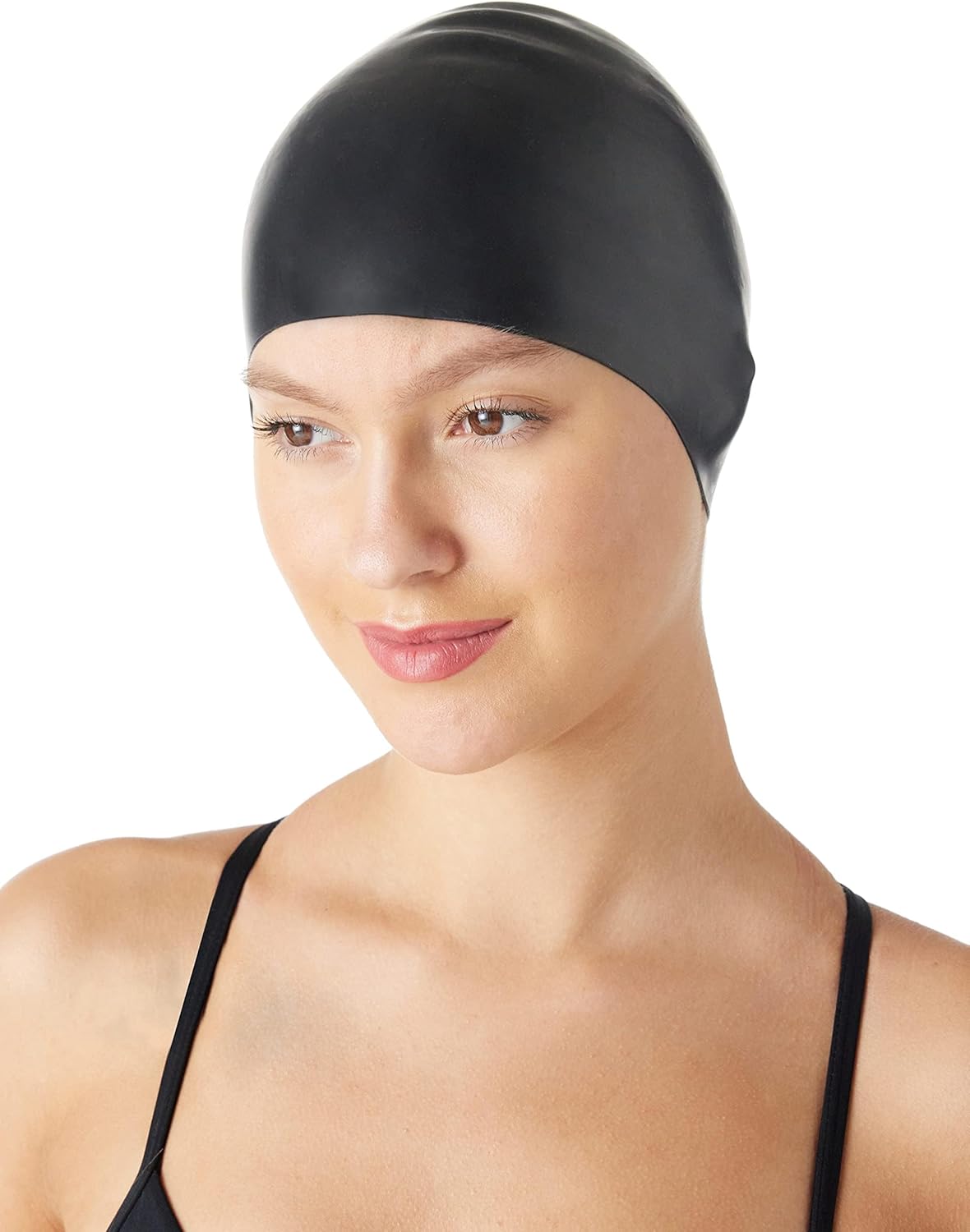 Demonstrates how the swimming cap fits and looks when worn, showcasing its sleek design and proper coverage.
