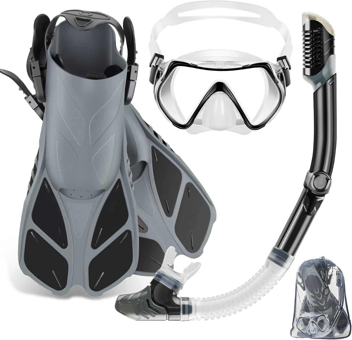 Showcases all components of the snorkeling set to demonstrate the comprehensive package offered to potential buyers. Displays all individual parts included in the set to highlight the value and…