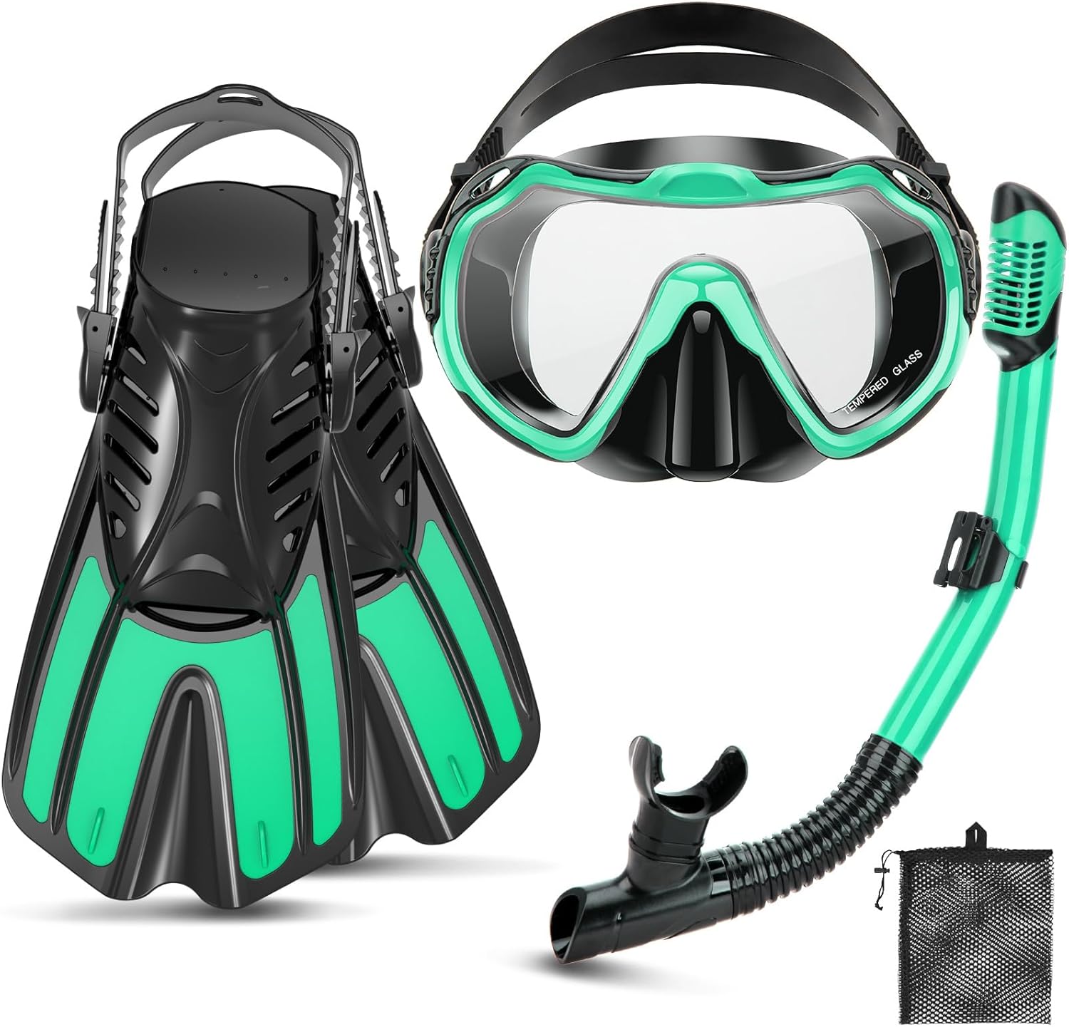 Showcases the full snorkeling kit including mask, fins, and snorkel to demonstrate the comprehensive nature of the product. Displays all components of the snorkel set to clearly show what is…