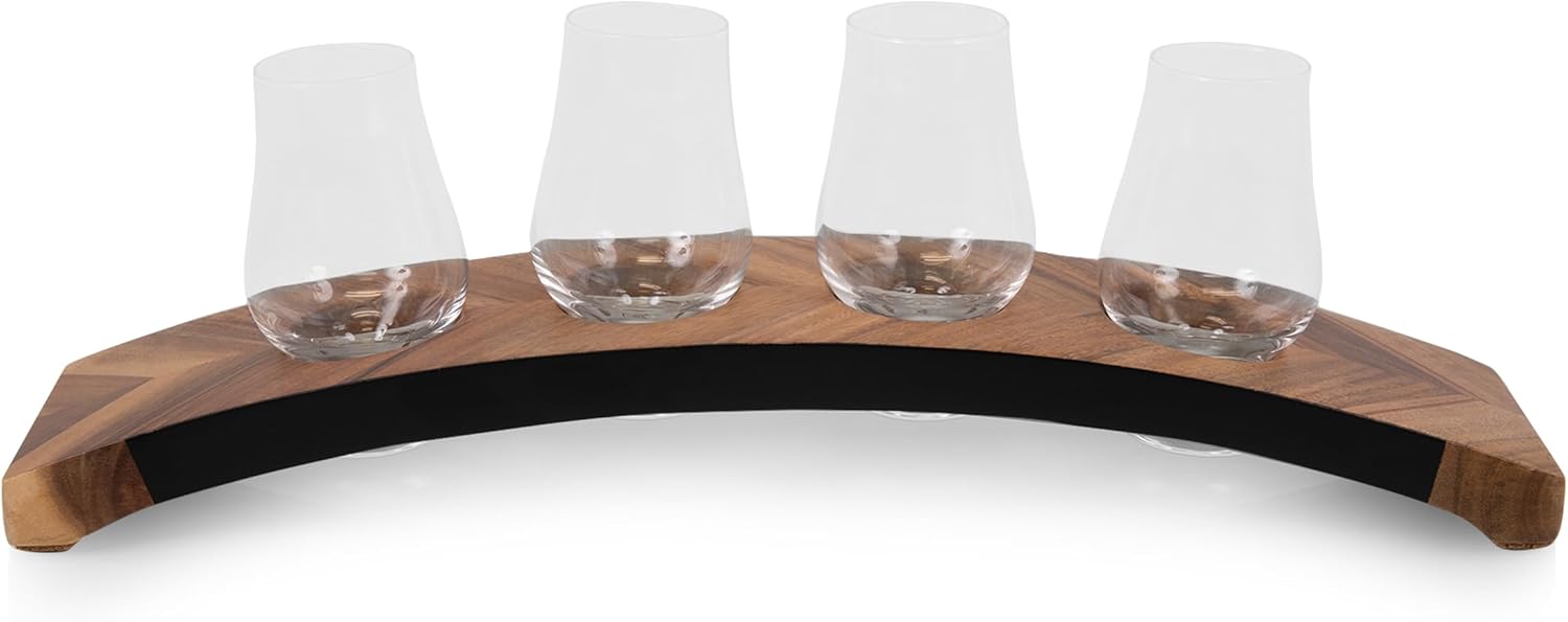 Showcases a set of stemless wine glasses arranged on a curved wooden stand, highlighting the product's design and presentation.